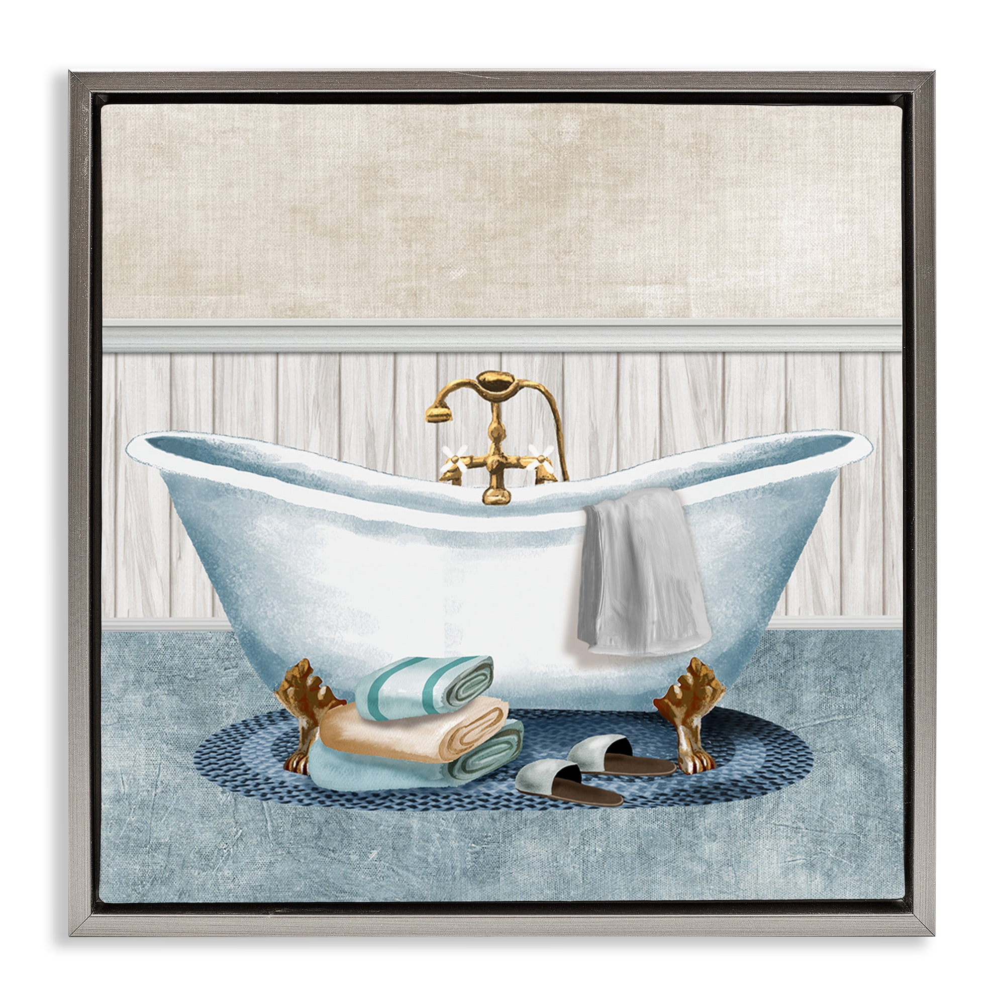 Stupell Industries Cozy Spa Bathtub & Slippers Gray Framed Floater Canvas Wall Art, design by Conrad Knutsen
