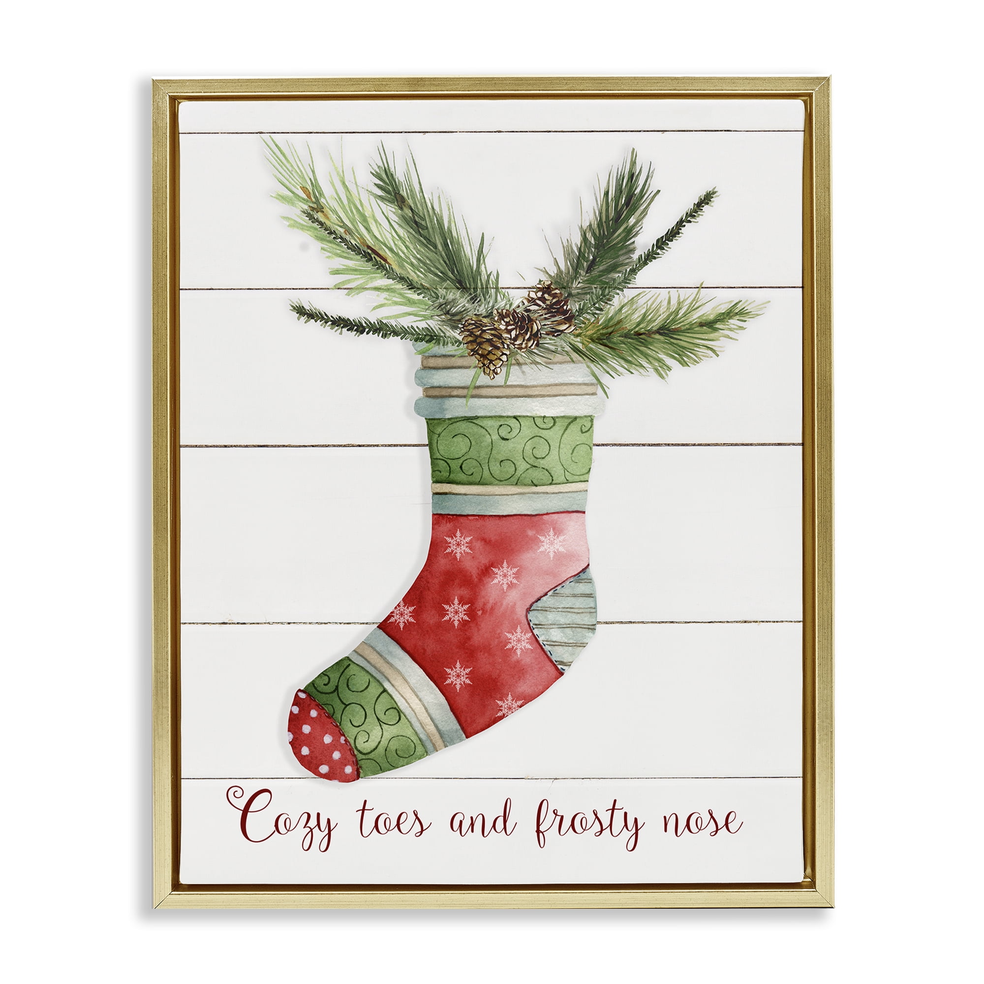 Stupell Industries Cozy Toes & Frosty Nose Holiday Painting Gold Floater Framed Canvas Art Prints Wall Art, 25 x 31
