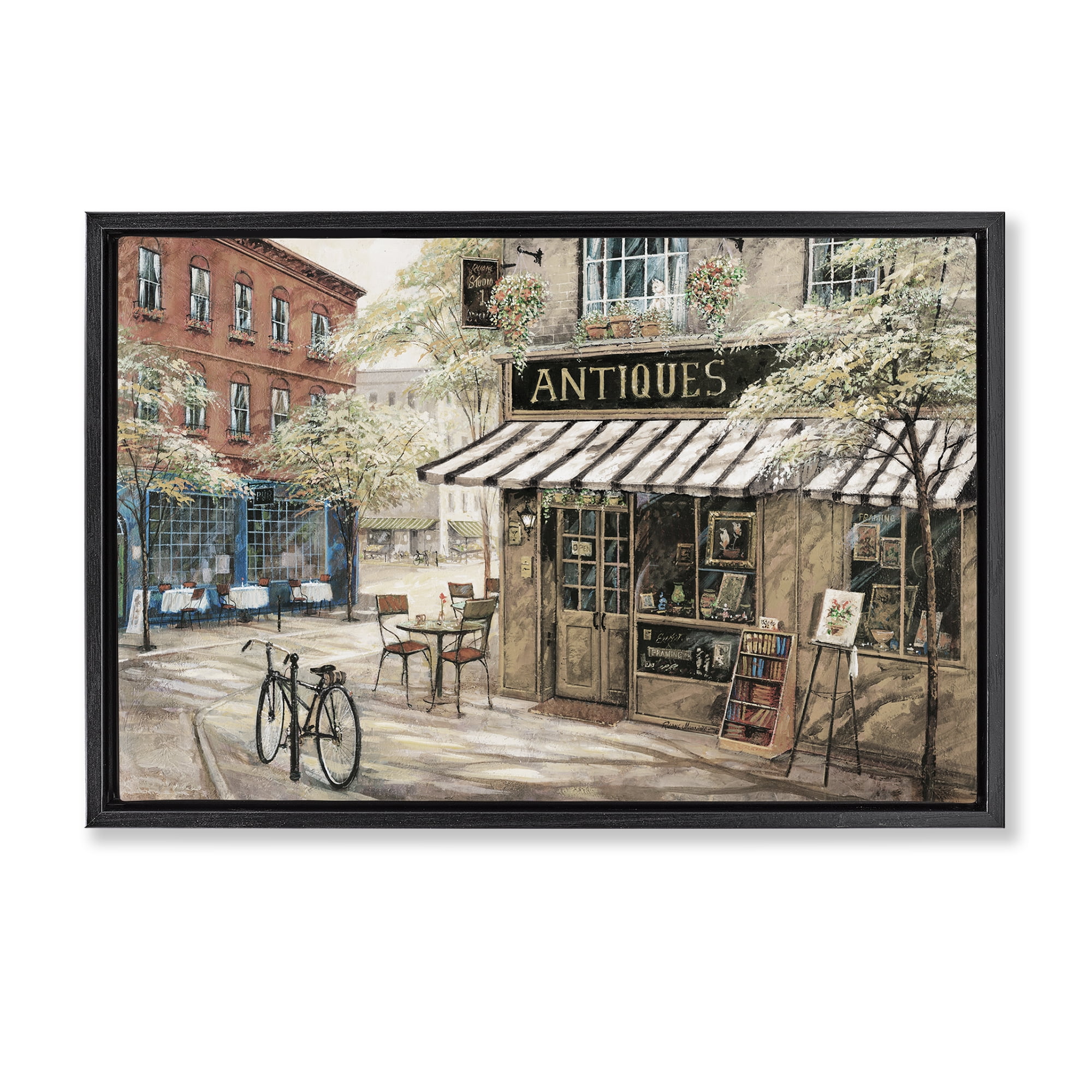 Stupell Industries Cozy Town Antiques Shop Scenic & Cityscapes Painting Black Floater Framed Canvas Art Print Wall Art, 31 x 21