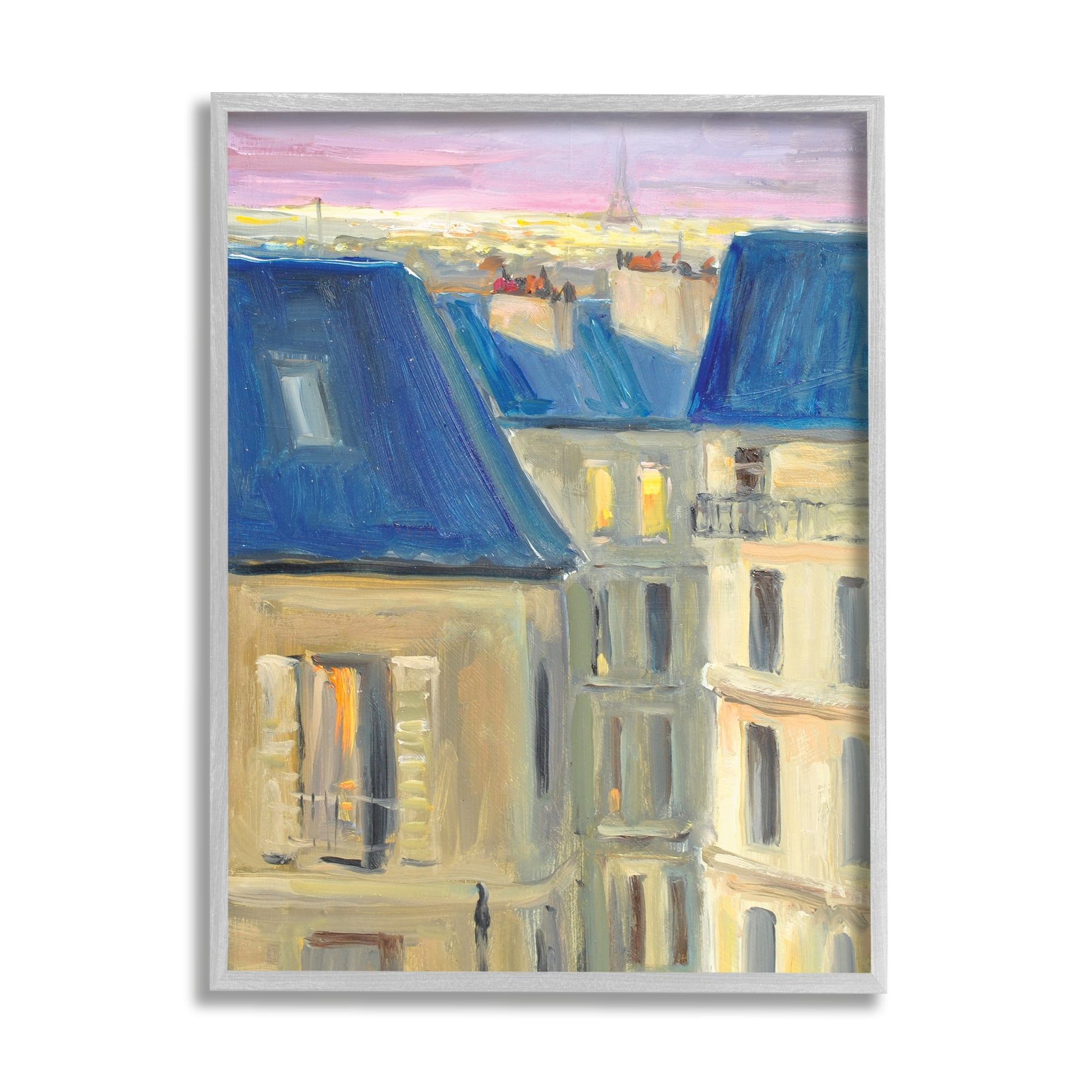 Stupell Industries Cozy Urban City Neighborhood Pink Sunset Sky Painting Gray Framed Art Print Wall Art, Design by JG Studios
