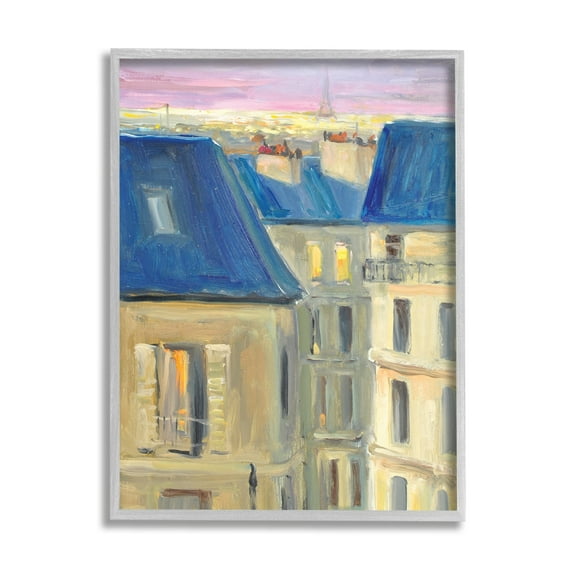 Stupell Industries Cozy Urban City Neighborhood Pink Sunset Sky Painting Gray Framed Art Print Wall Art, Design by JG Studios