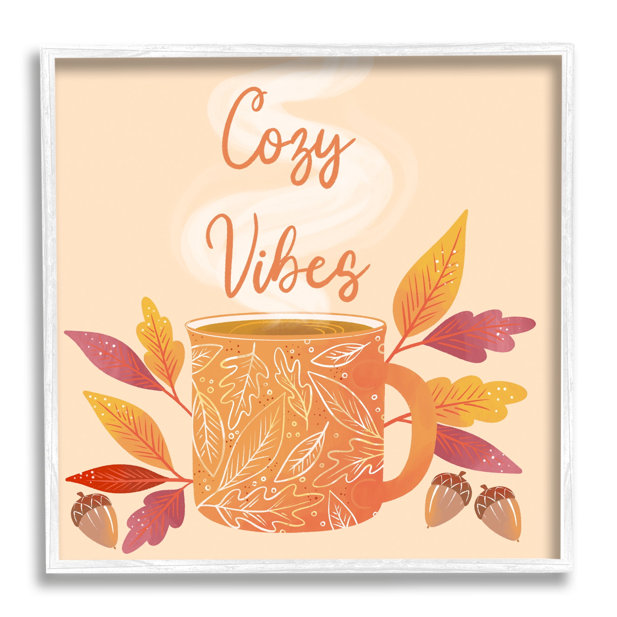 Stupell Industries Cozy Vibes Patterned Coffee Mug Autumn Leaves Graphic Art White Framed Art Print Wall Art, Design by Dominika Godette