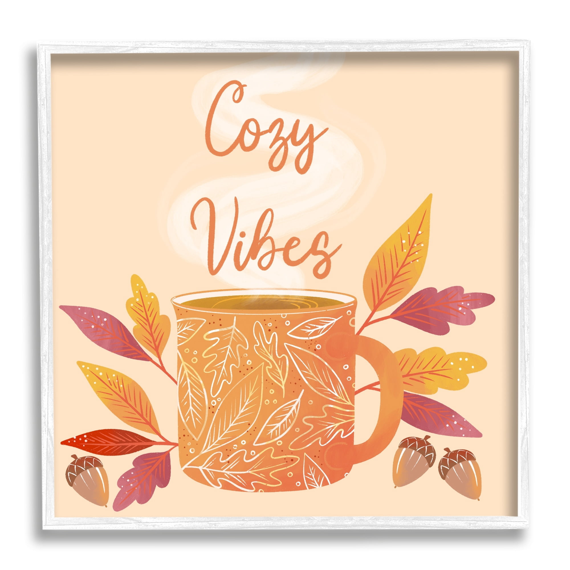 Stupell Industries Cozy Vibes Patterned Coffee Mug Autumn Leaves Graphic Art White Framed Art Print Wall Art, Design by Dominika Godette