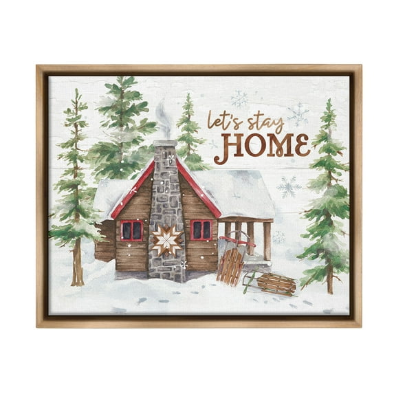Stupell Industries Cozy Winter Cabin Phrase Landscape Painting Brown Floater Framed Canvas Art Print Wall Art, 21 x 17
