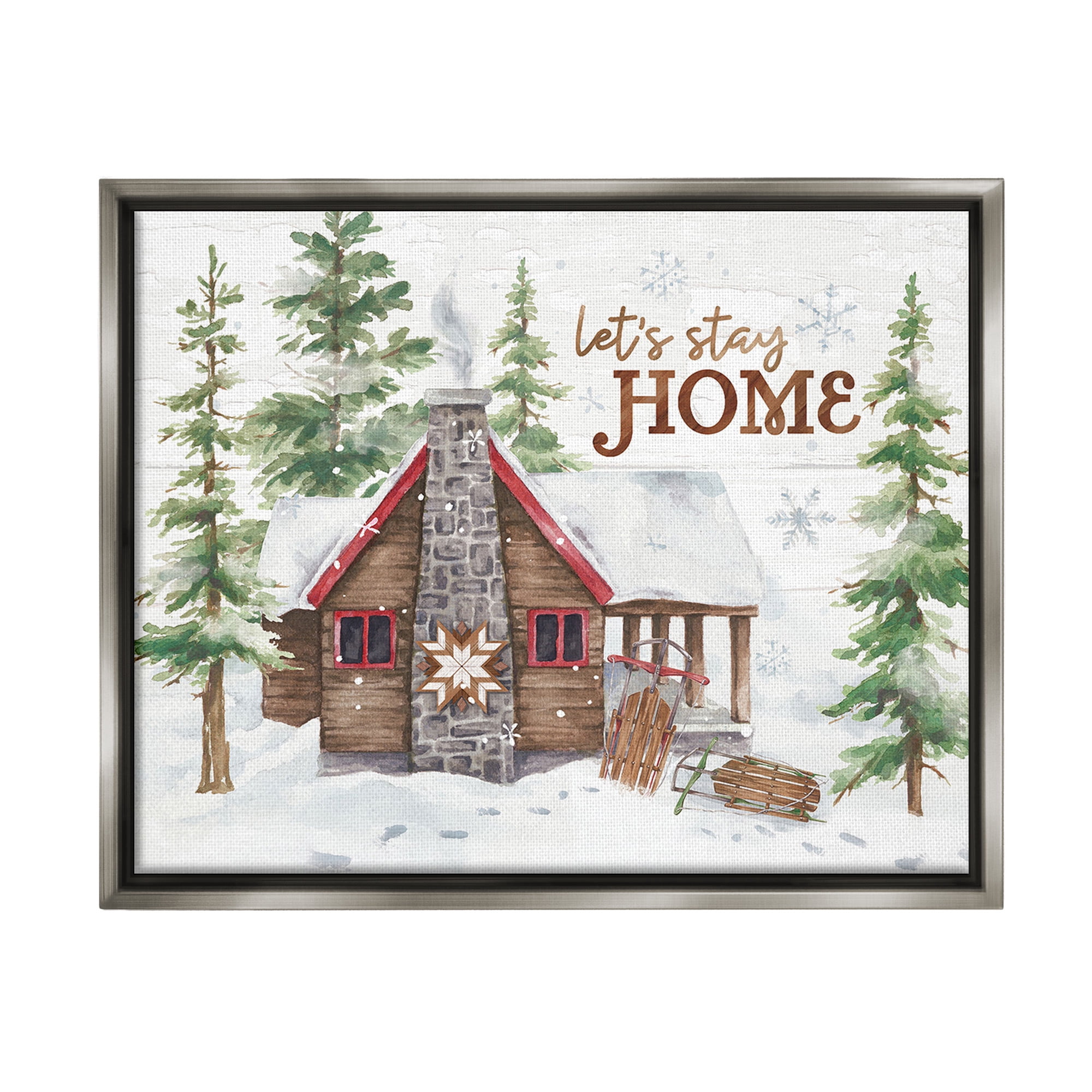 Stupell Industries Cozy Winter Cabin Phrase Landscape Painting Gray Floater Framed Canvas Art Print Wall Art, 31 x 25