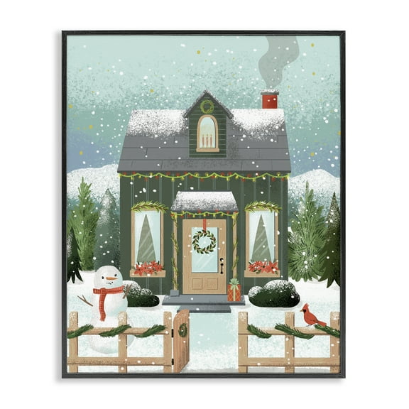 Stupell Industries Cozy Winter Cottage & Snowman Architecture Painting Black Framed Art Print Wall Art, 11 x 14