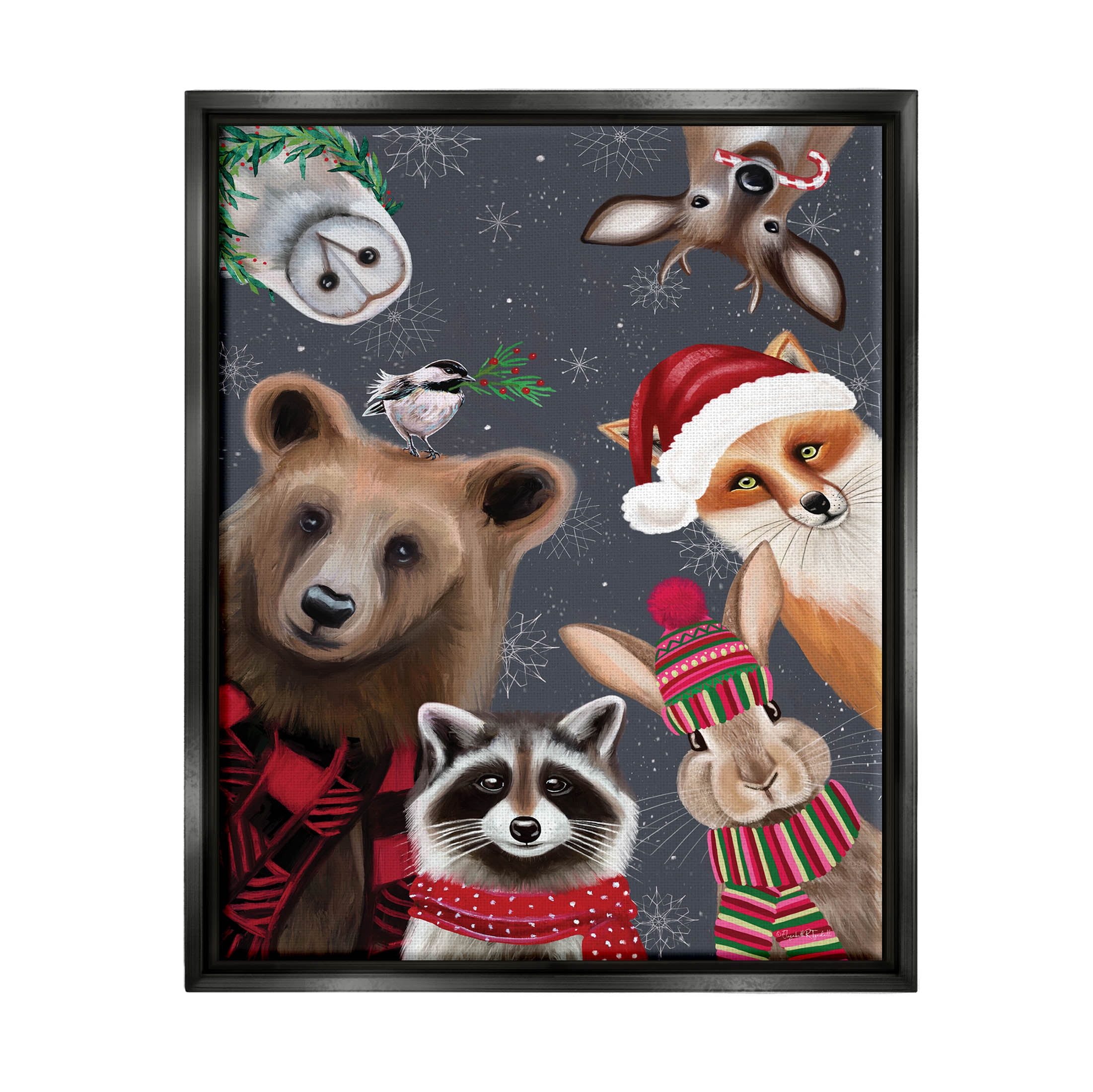 Stupell Industries Cozy Woodland Creatures Patterned Graphic Art Jet Black Floating Framed Canvas Print Wall Art, Design by Elizabeth Tyndall