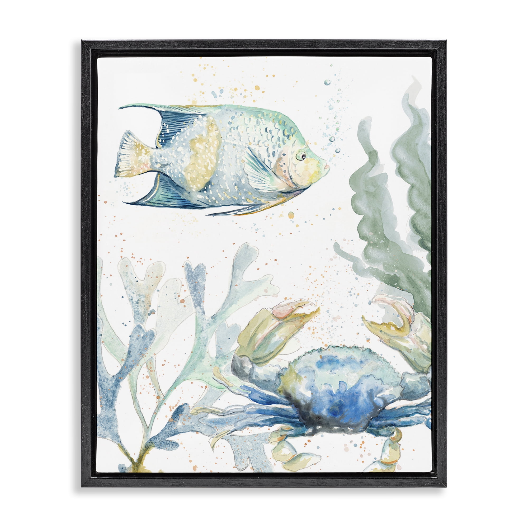 Stupell Industries Crab & Fish Scene Animals & Insects Painting Black Floater Framed Canvas Art Print Wall Art, 17 x 21