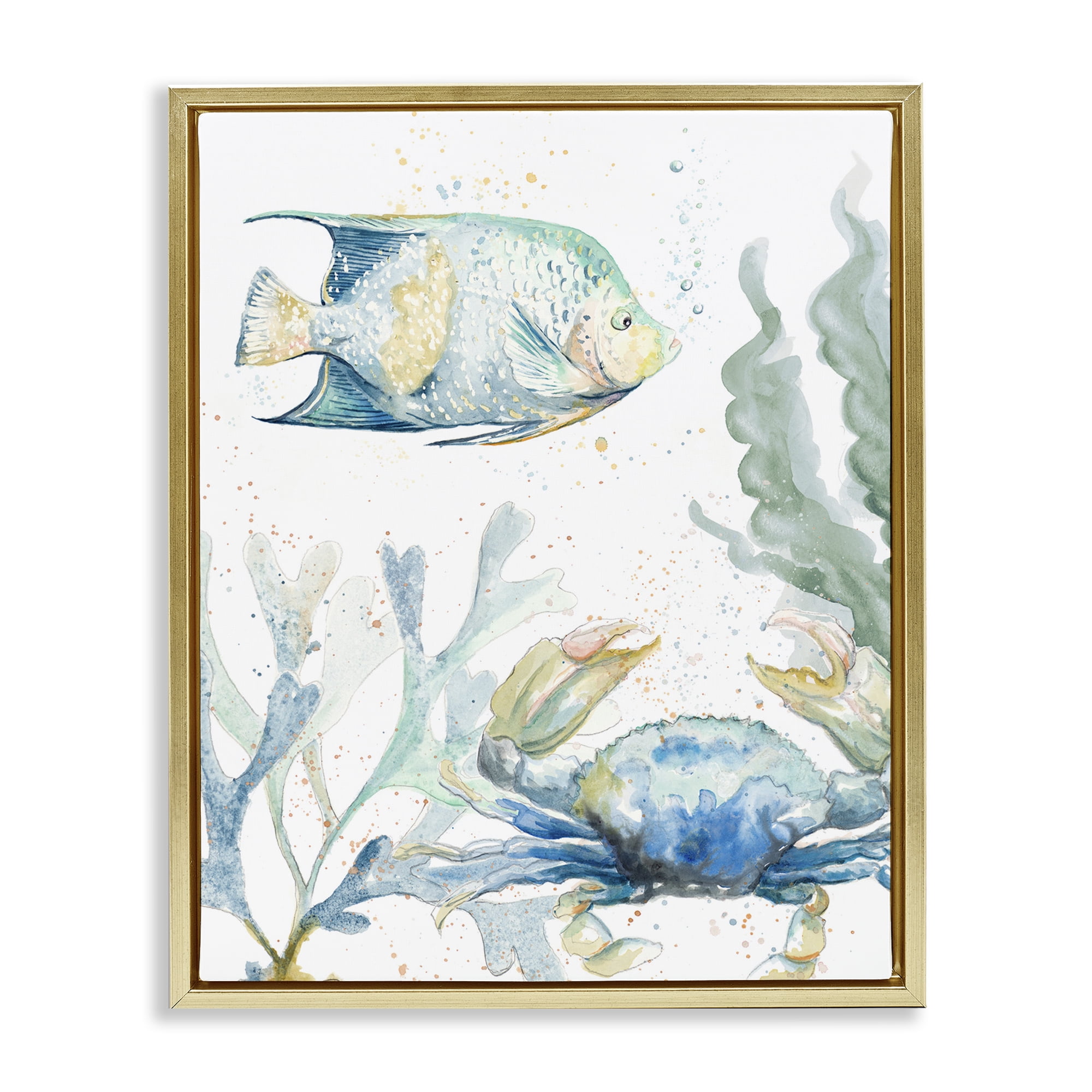 Stupell Industries Crab & Fish Scene Animals & Insects Painting Gold Floater Framed Canvas Art Print Wall Art, 17 x 21