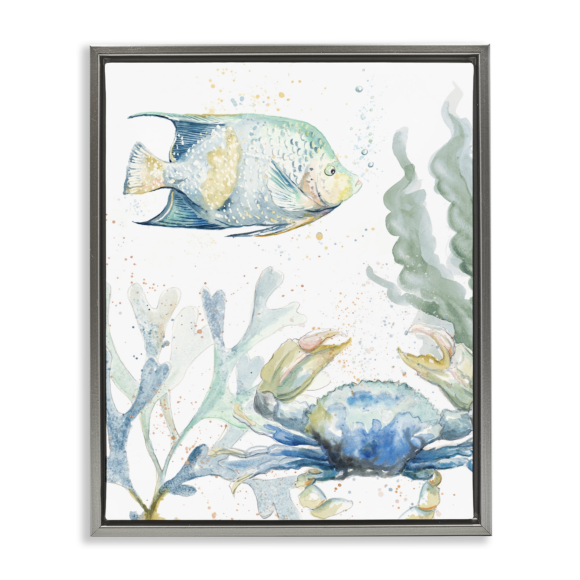 Stupell Industries Crab & Fish Scene Animals & Insects Painting Gray Floater Framed Canvas Art Print Wall Art, 25 x 31