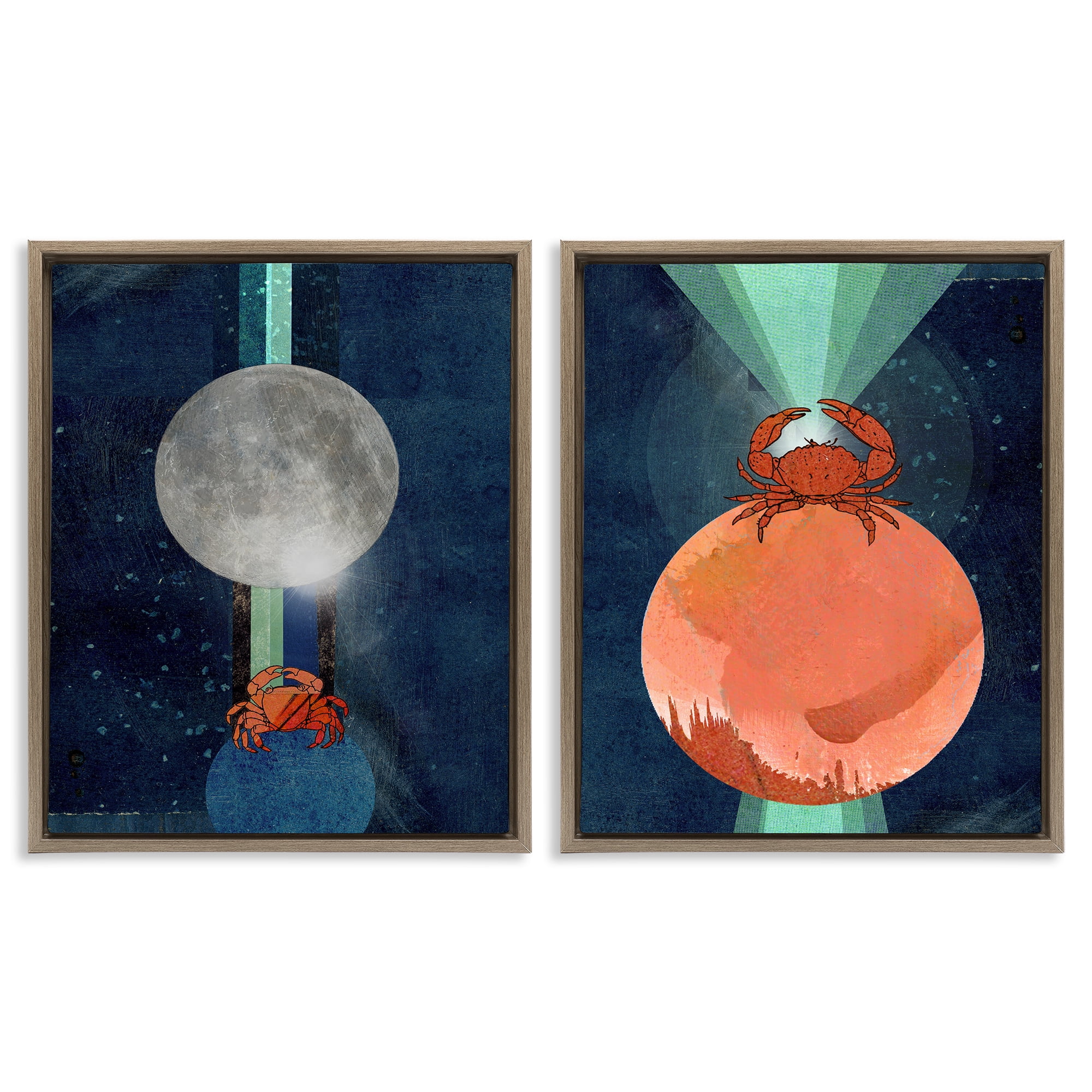 Stupell Industries Crab Orbs Light Rays Nautical & Beach Painting Brown Floater Framed Canvas Art Print Wall Art, 17 x 21, Set of 2