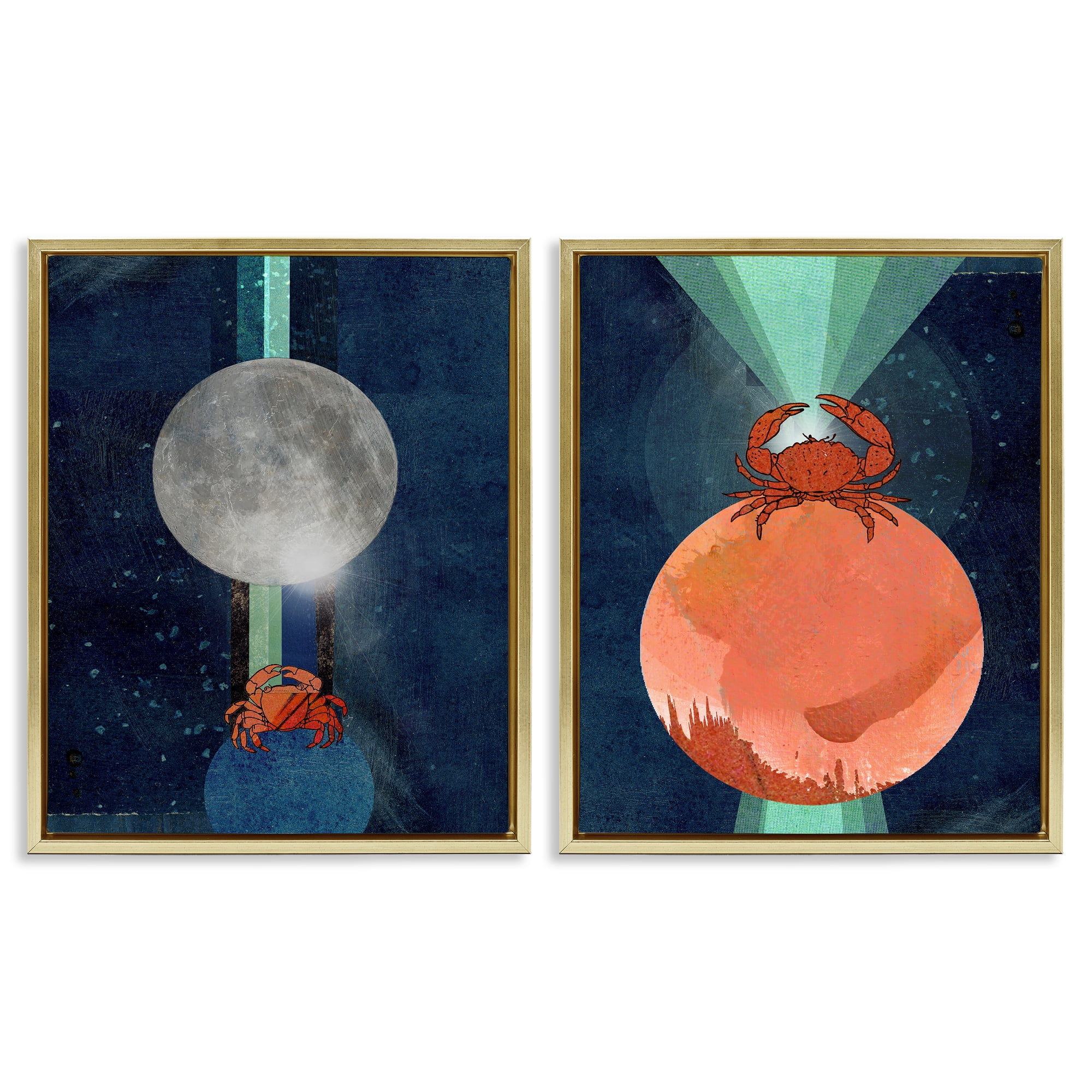 Stupell Industries Crab Orbs Light Rays Nautical & Beach Painting Gold Floater Framed Canvas Art Print Wall Art, 17 x 21, Set of 2