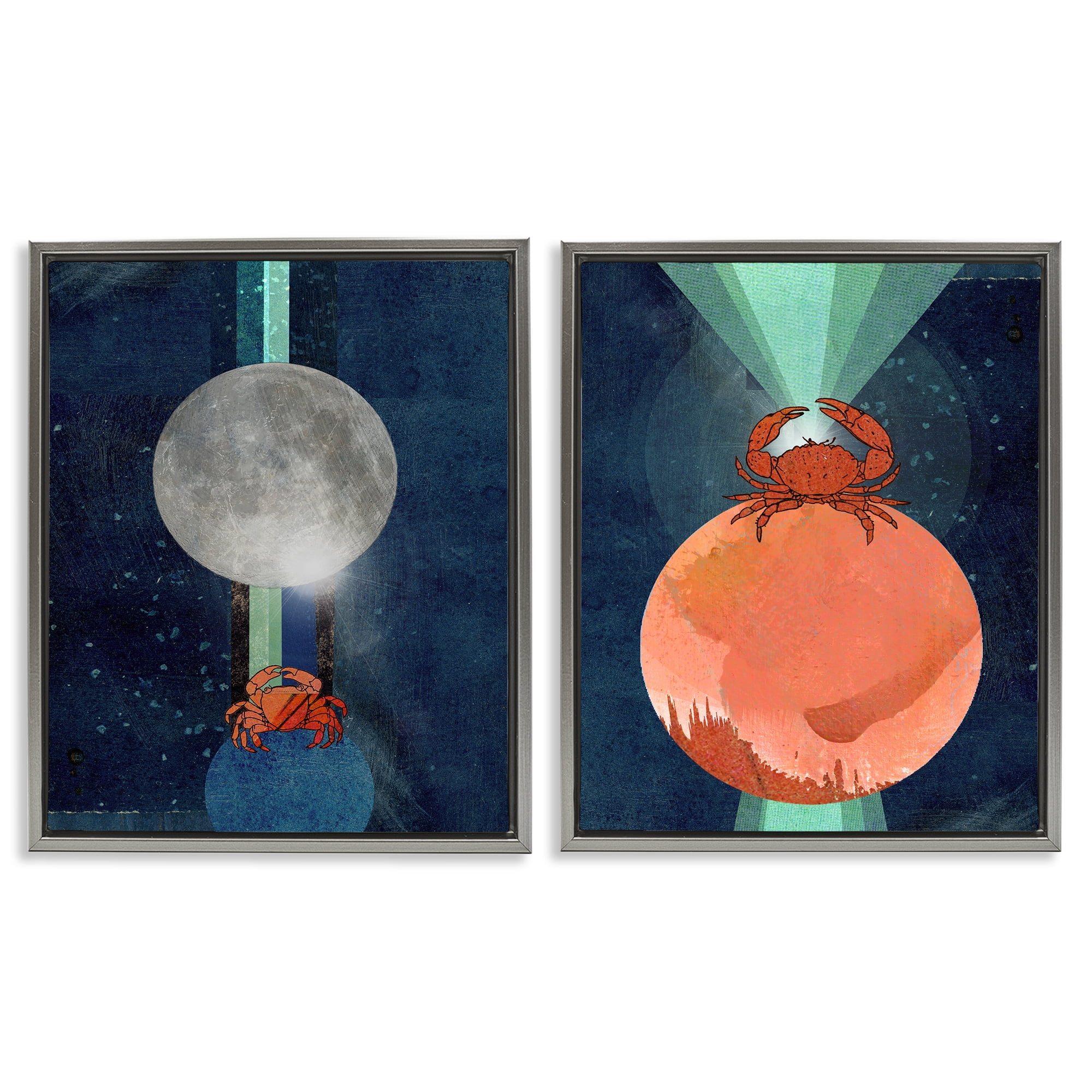 Stupell Industries Crab Orbs Light Rays Nautical & Beach Painting Gray Floater Framed Canvas Art Print Wall Art, 17 x 21, Set of 2