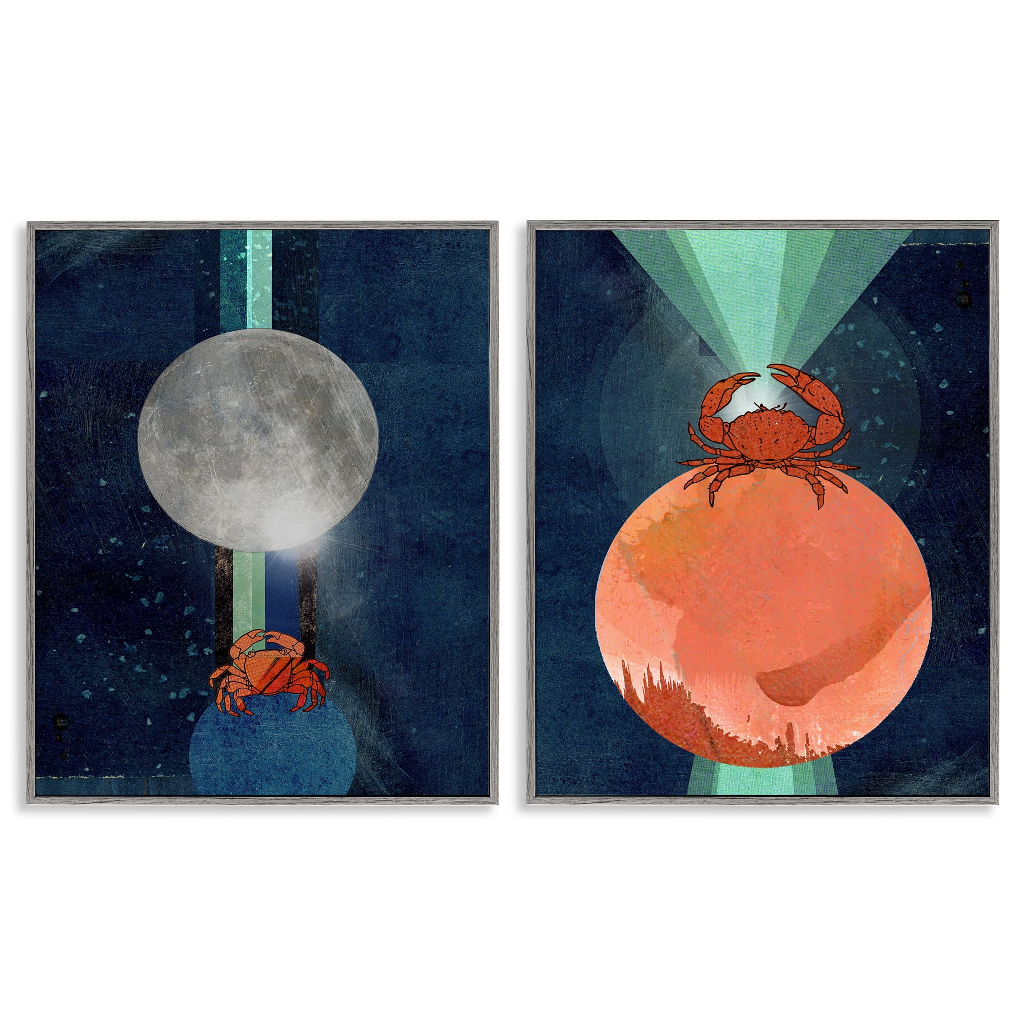 Stupell Industries Crab Orbs Light Rays Nautical & Beach Painting Gray Framed Art Print Wall Art, 16 x 20, Set of 2