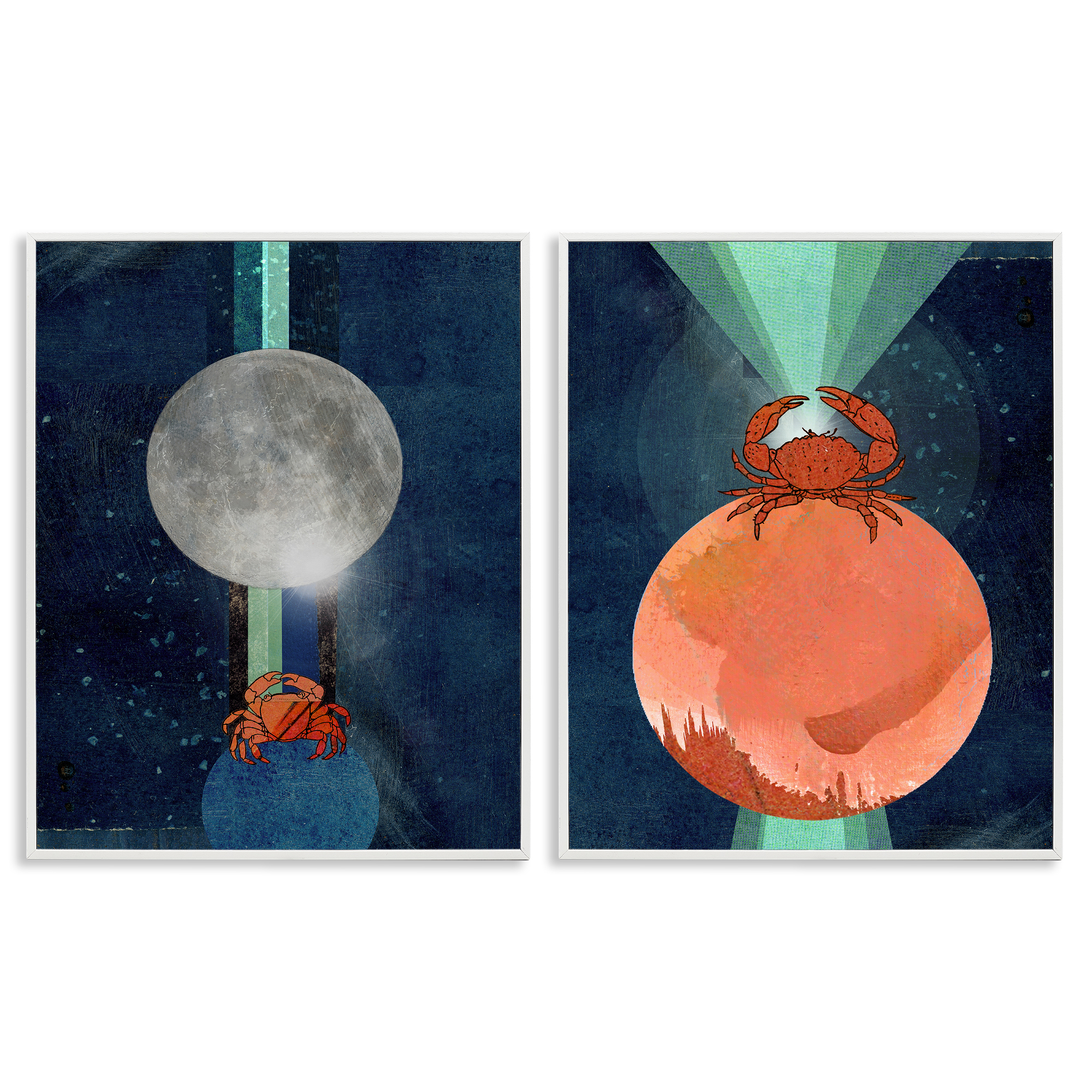 Stupell Industries Crab Orbs Light Rays Nautical & Beach Painting White Framed Art Print Wall Art, 11 x 14, Set of 2