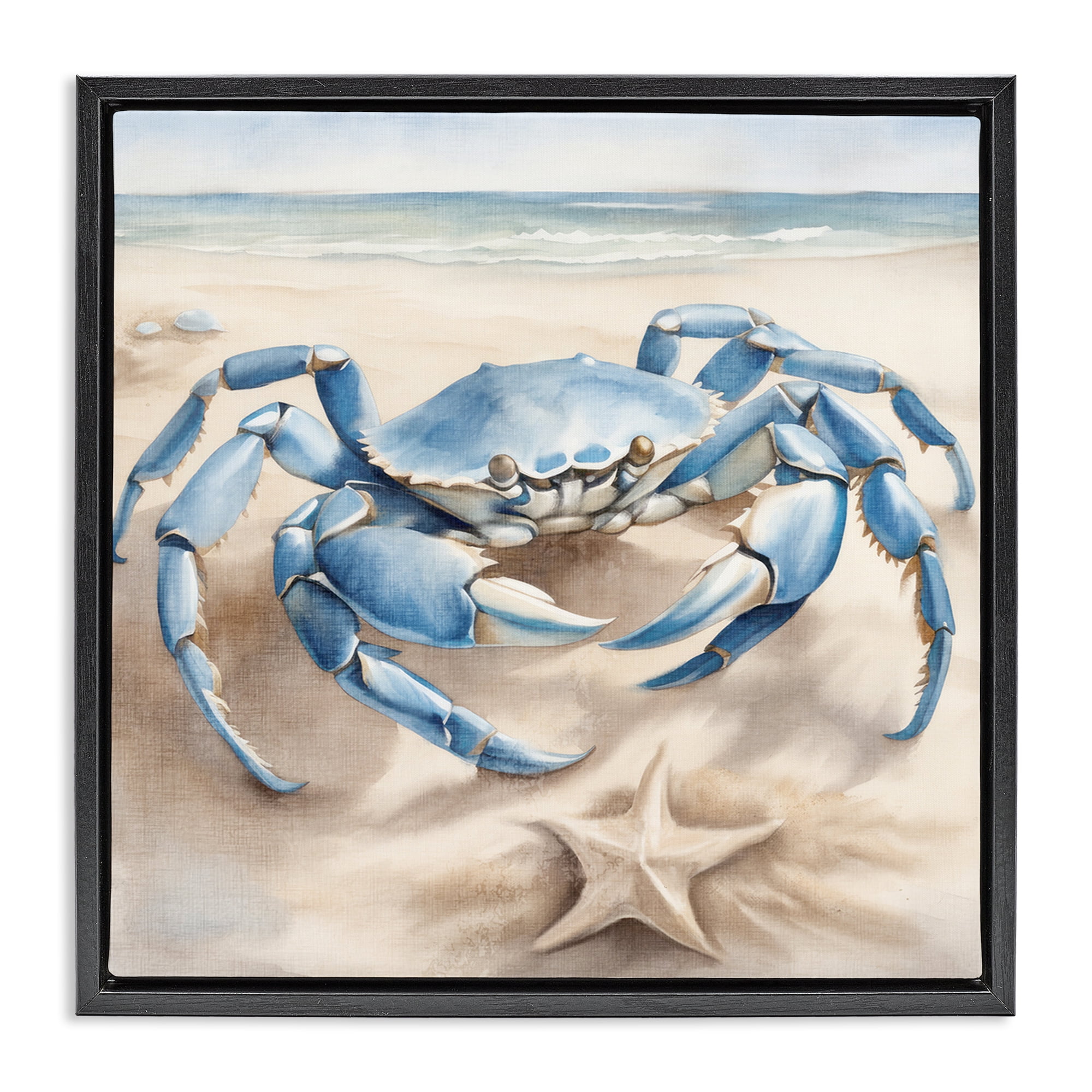 Stupell Industries Crab & Starfish on Beach Animals & Insects Painting Black Floater Framed Canvas Art Print Wall Art, 18 x 18