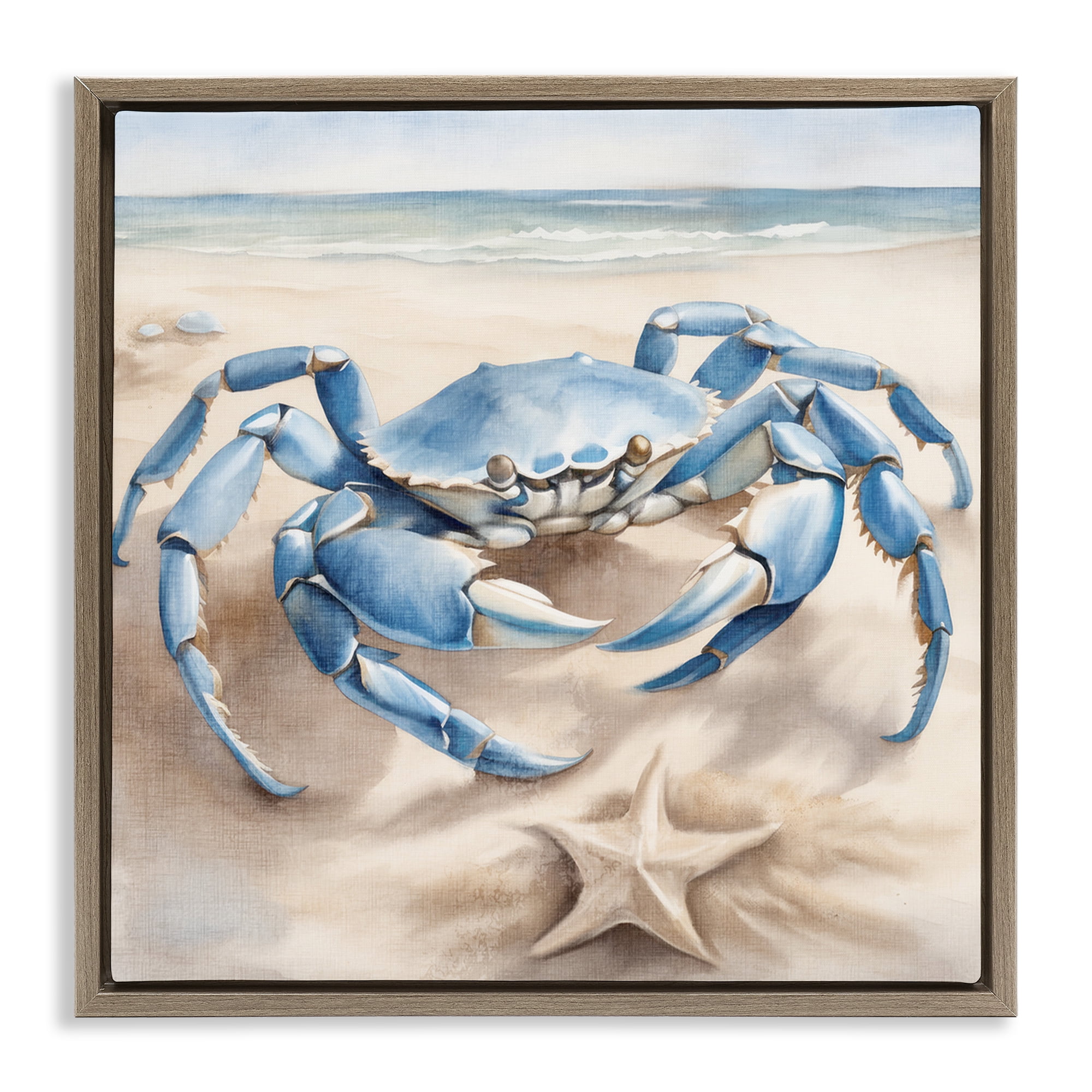 Stupell Industries Crab & Starfish on Beach Animals & Insects Painting Brown Floater Framed Canvas Art Print Wall Art, 18 x 18