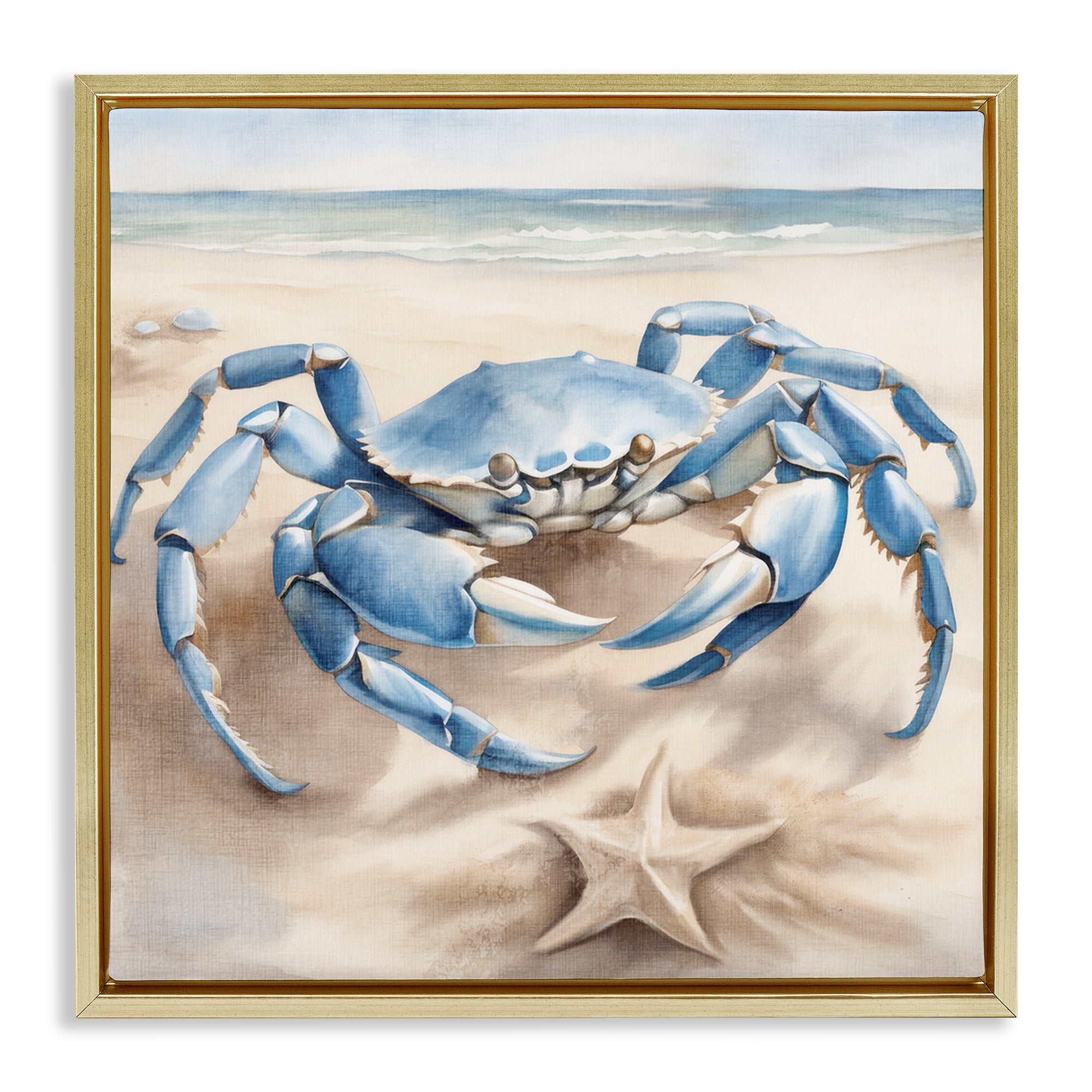 Stupell Industries Crab & Starfish on Beach Animals & Insects Painting Gold Floater Framed Canvas Art Print Wall Art, 18 x 18