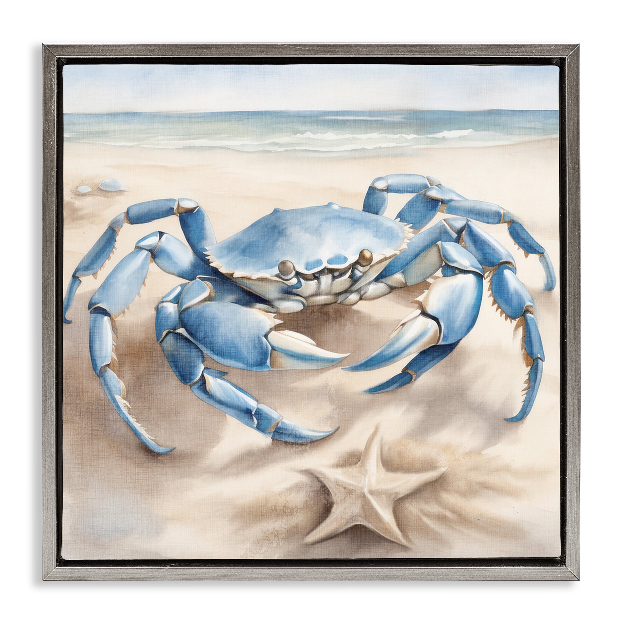 Stupell Industries Crab & Starfish on Beach Animals & Insects Painting Gray Floater Framed Canvas Art Print Wall Art, 25 x 25