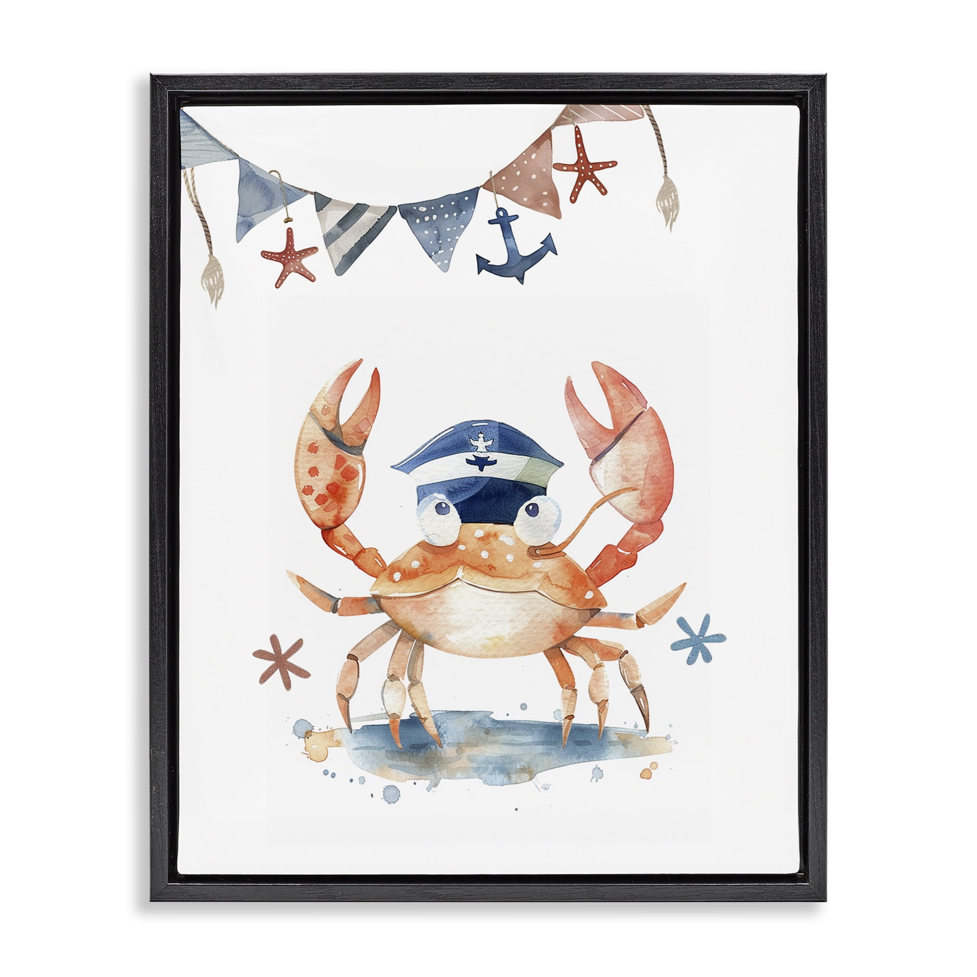 Stupell Industries Crab in Sailor Hat Animals Painting Black Floater Framed Canvas Art Print Wall Art, 25 x 31
