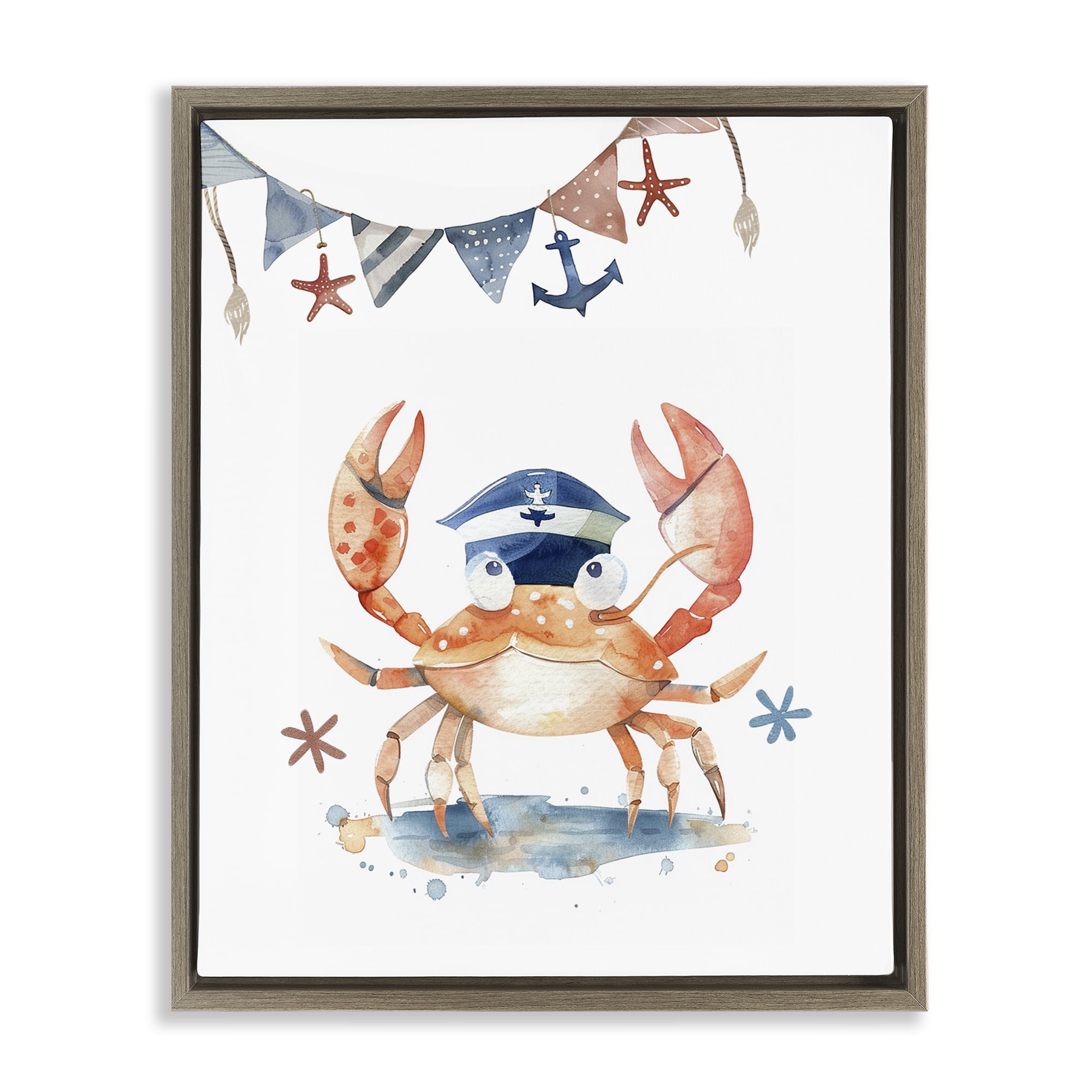 Stupell Industries Crab in Sailor Hat Animals Painting Brown Floater Framed Canvas Art Print Wall Art, 17 x 21
