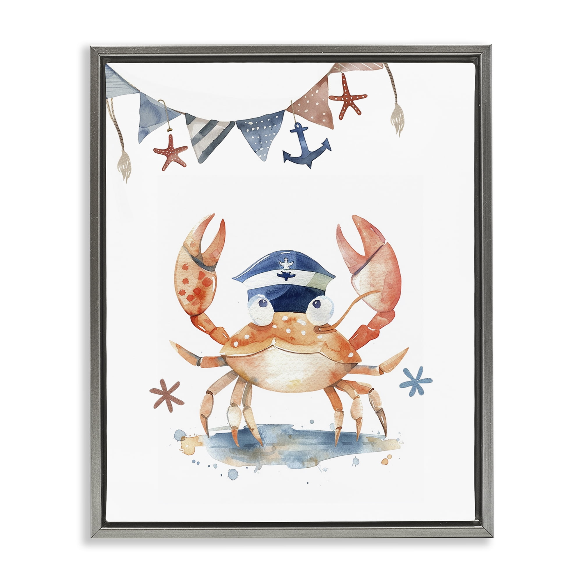 Stupell Industries Crab in Sailor Hat Animals Painting Gray Floater Framed Canvas Art Print Wall Art, 17 x 21