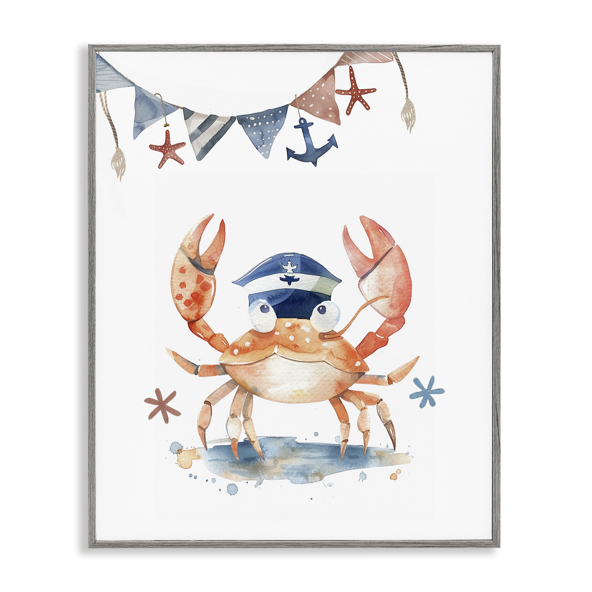 Stupell Industries Crab in Sailor Hat Animals Painting Gray Framed Art Print Wall Art, 16 x 20