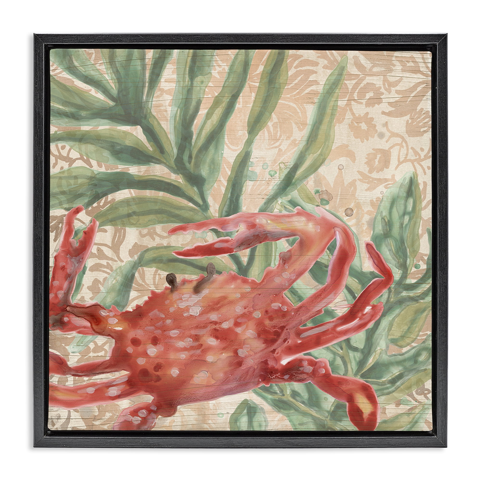 Stupell Industries Crab on Floral Pattern Animals & Insects Painting Black Floater Framed Canvas Art Print Wall Art, 25 x 25