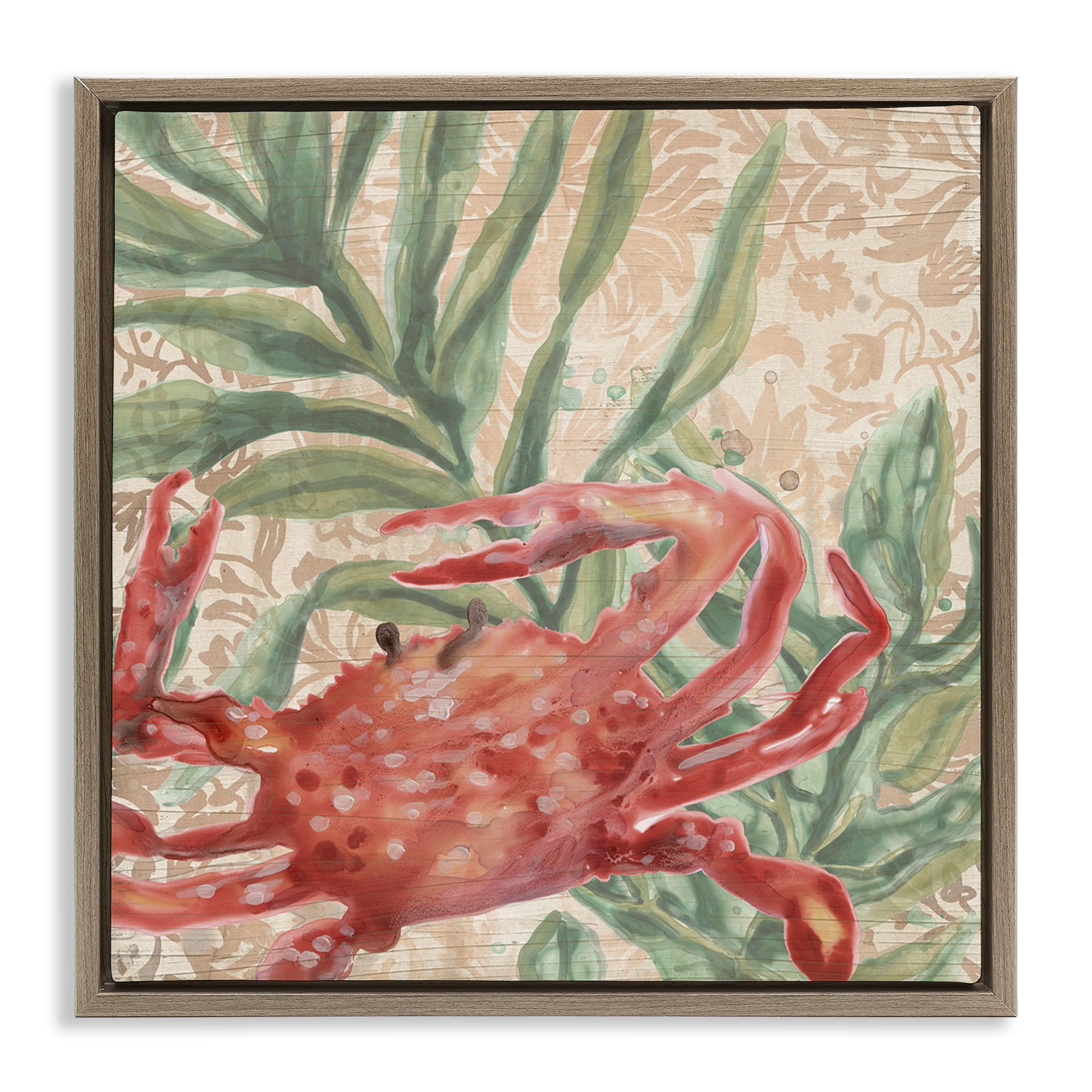 Stupell Industries Crab on Floral Pattern Animals & Insects Painting Brown Floater Framed Canvas Art Print Wall Art, 18 x 18