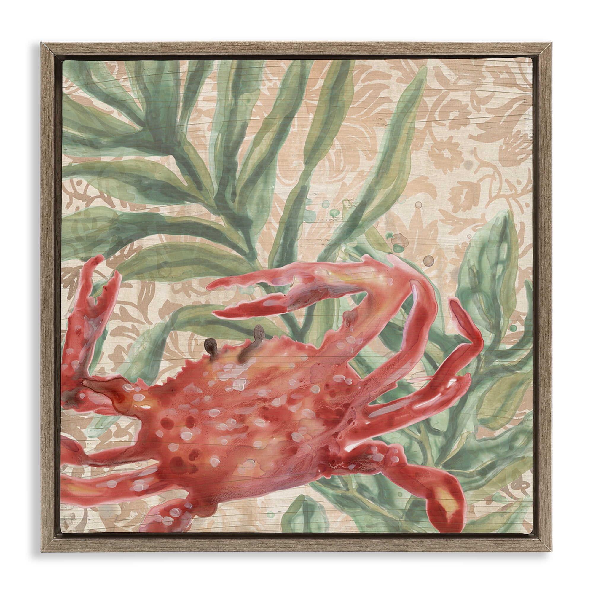 Stupell Industries Crab on Floral Pattern Animals & Insects Painting Brown Floater Framed Canvas Art Print Wall Art, 25 x 25