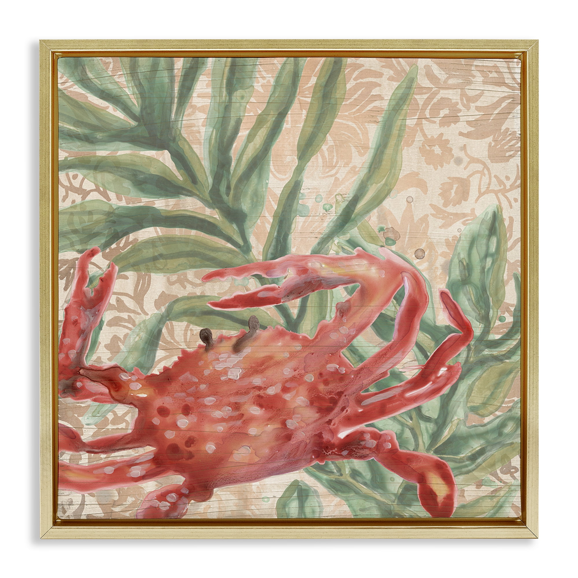Stupell Industries Crab on Floral Pattern Animals & Insects Painting Gold Floater Framed Canvas Art Print Wall Art, 25 x 25