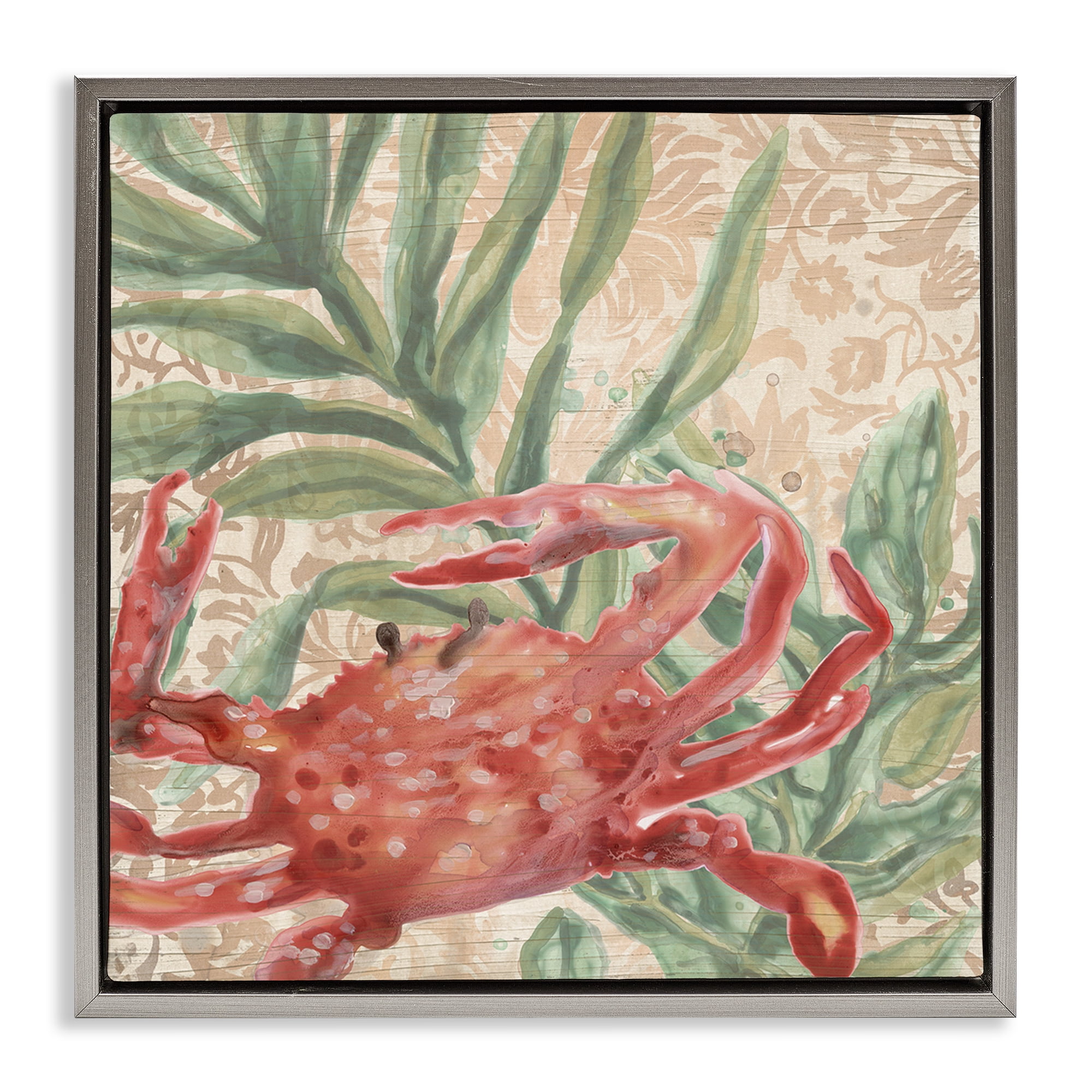 Stupell Industries Crab on Floral Pattern Animals & Insects Painting Gray Floater Framed Canvas Art Print Wall Art, 18 x 18