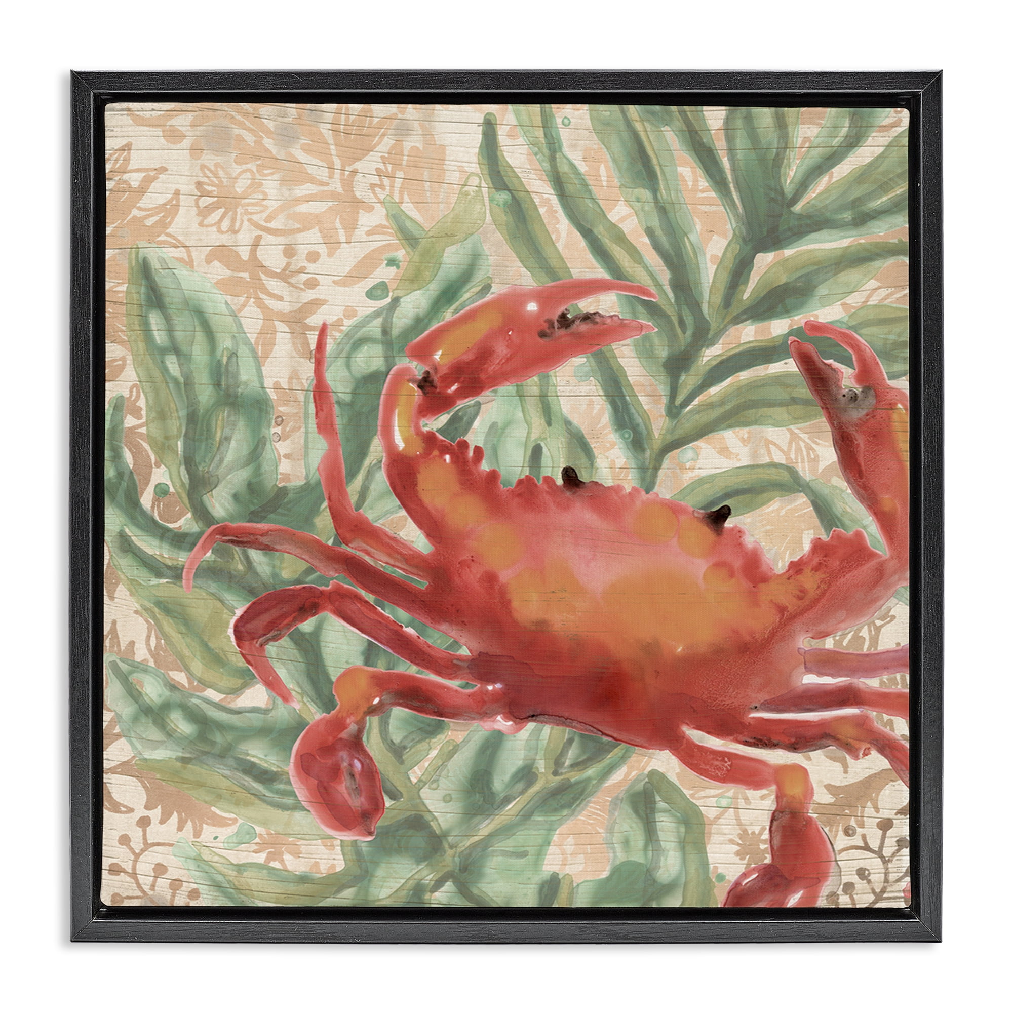 Stupell Industries Crab on Palm Leaves Animals & Insects Painting Black Floater Framed Canvas Art Print Wall Art, 25 x 25