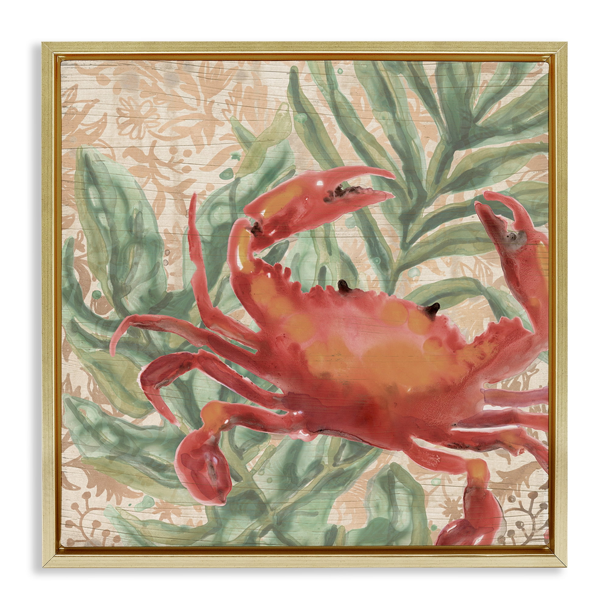 Stupell Industries Crab on Palm Leaves Animals & Insects Painting Gold Floater Framed Canvas Art Print Wall Art, 18 x 18