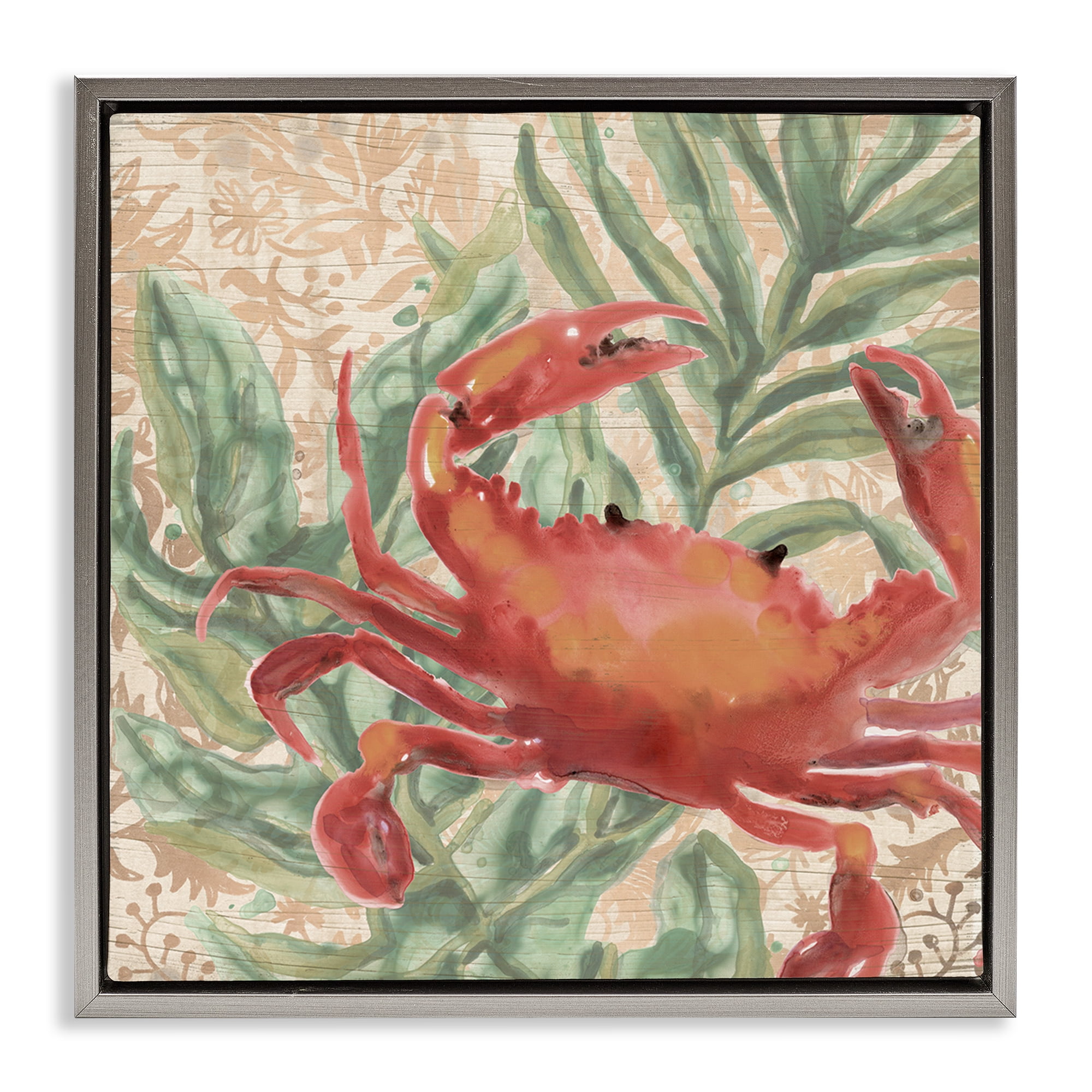 Stupell Industries Crab on Palm Leaves Animals & Insects Painting Gray Floater Framed Canvas Art Print Wall Art, 18 x 18