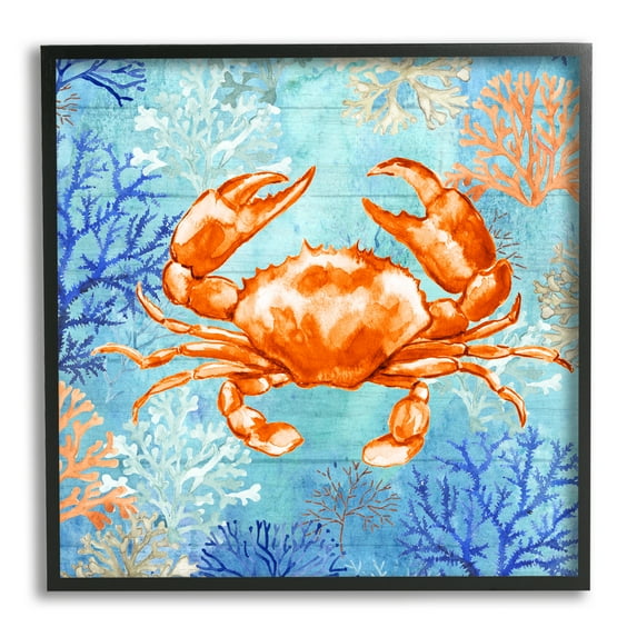 Stupell Industries Crab with Nautical Coral Animals & Insects Painting Black Framed Art Print Wall Art, 12 x 12