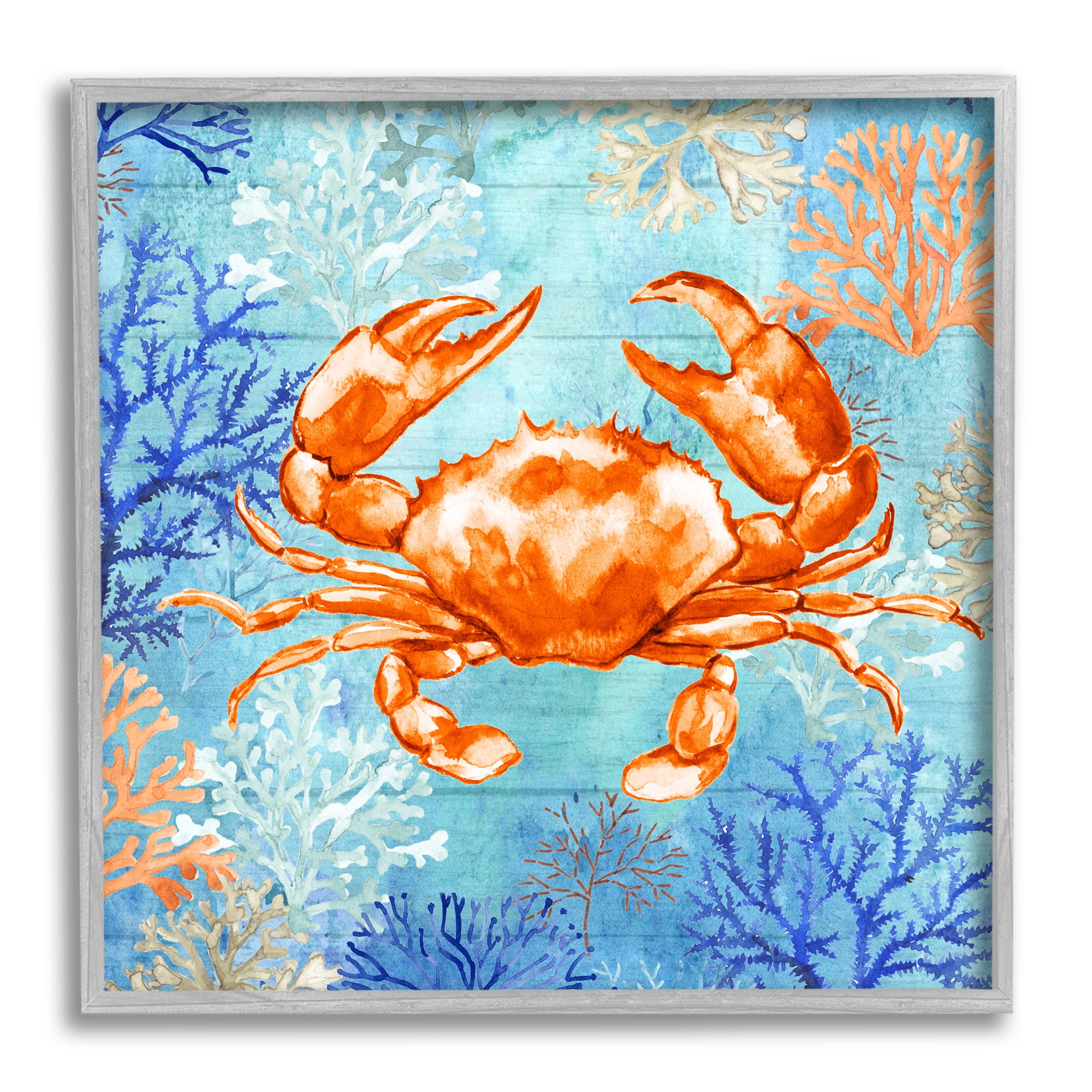 Stupell Industries Crab with Nautical Coral Animals & Insects Painting Gray Framed Art Print Wall Art, 12 x 12
