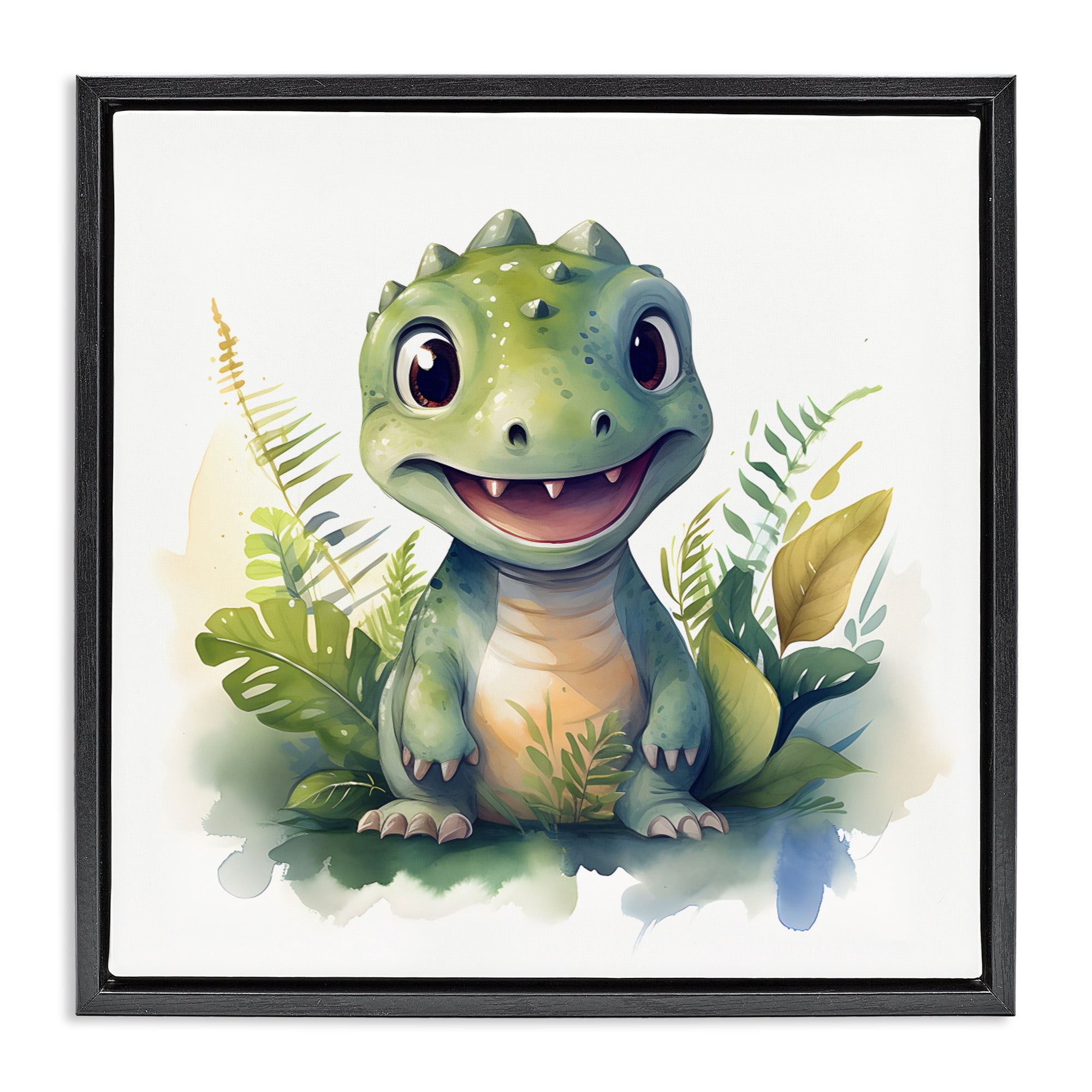 Stupell Industries Crafty Dino & Foliage Black Framed Floater Canvas Wall Art, design by Steve Hunziker