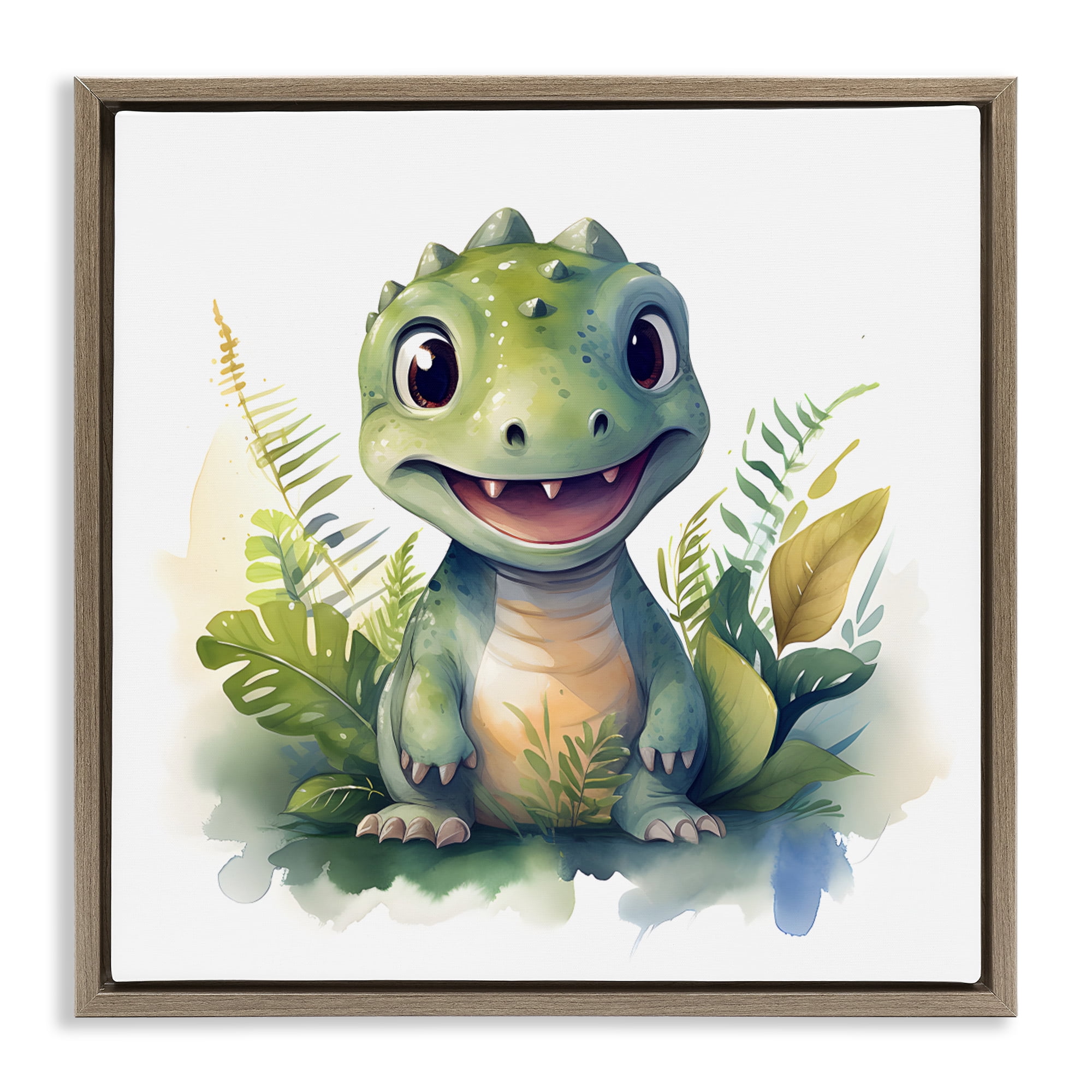 Stupell Industries Crafty Dino & Foliage Brown Framed Floater Canvas Wall Art, design by Steve Hunziker