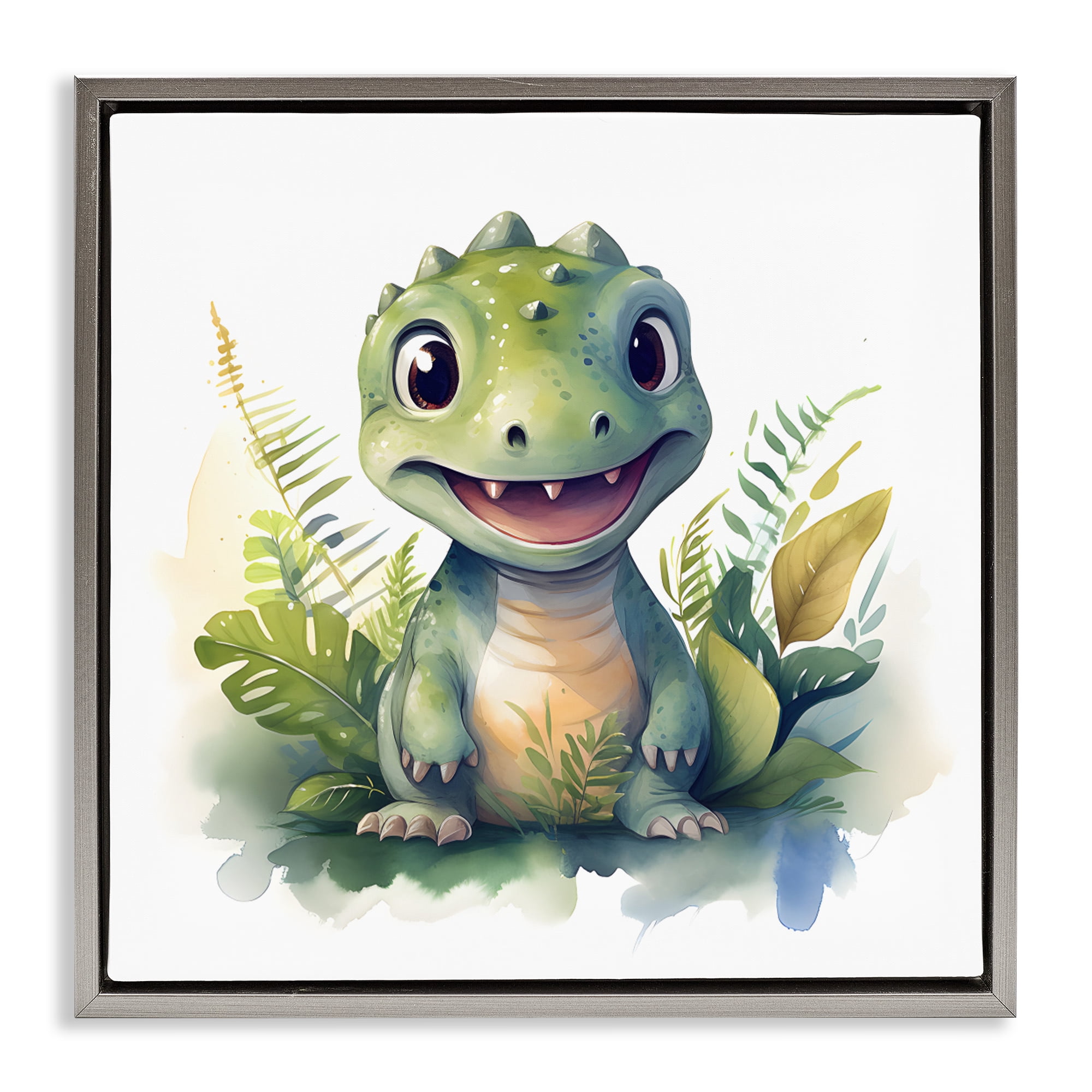 Stupell Industries Crafty Dino & Foliage Gray Framed Floater Canvas Wall Art, design by Steve Hunziker