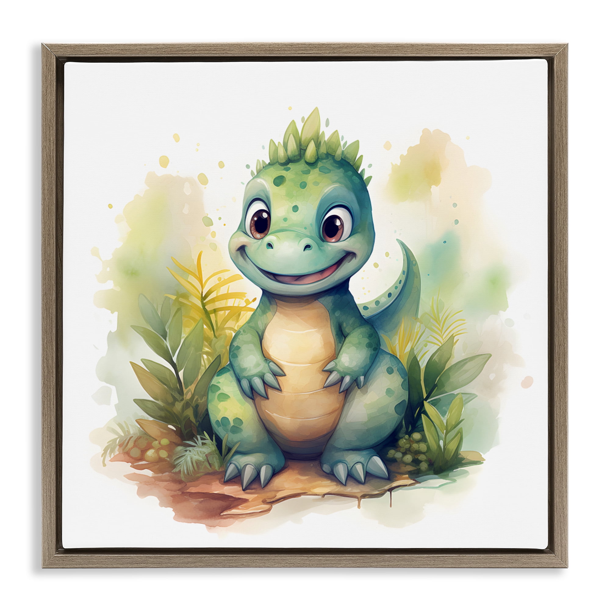 Stupell Industries Crafty Smiling Dinosaur Brown Framed Floater Canvas Wall Art, design by Steve Hunziker