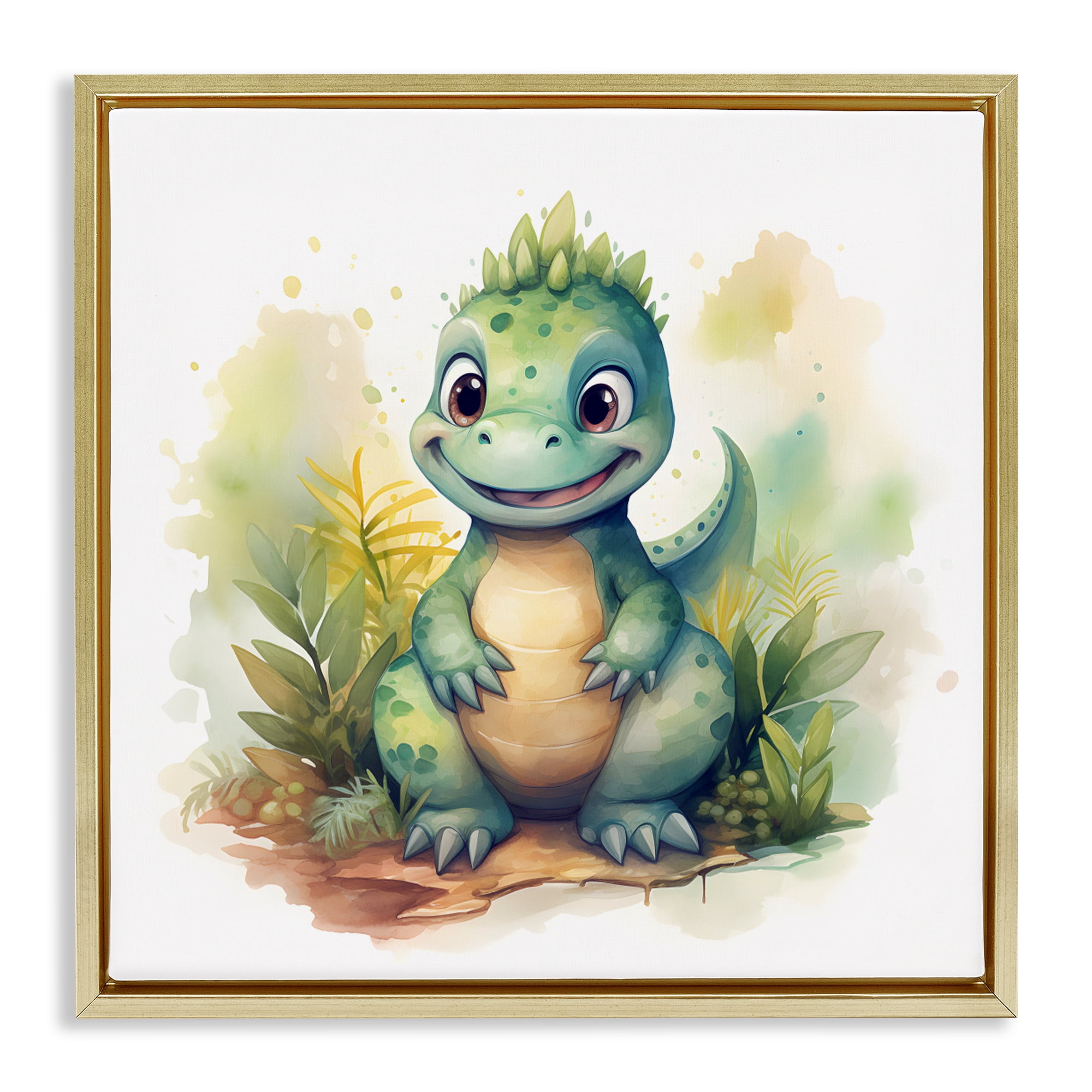 Stupell Industries Crafty Smiling Dinosaur Gold Framed Floater Canvas Wall Art, design by Steve Hunziker