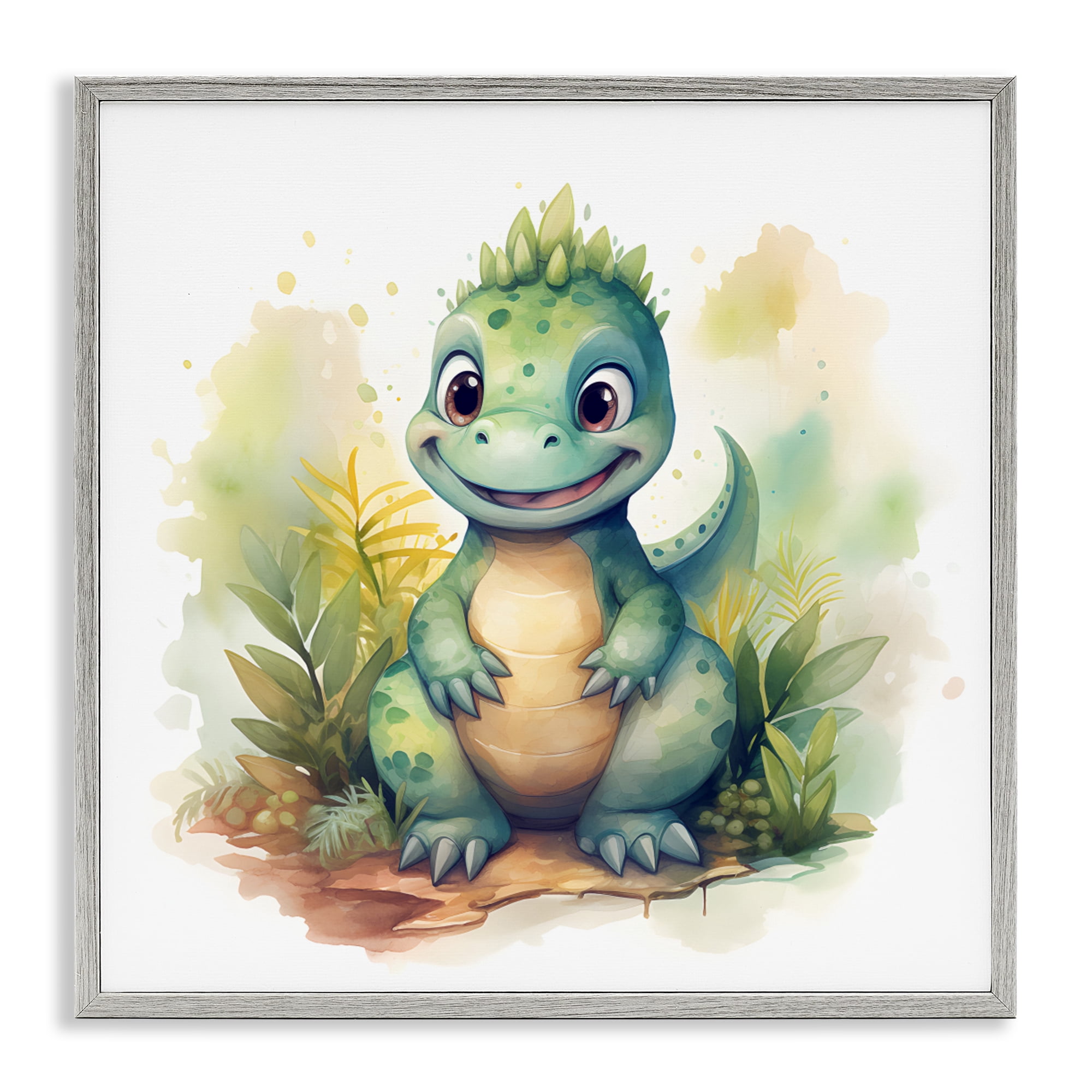 Stupell Industries Crafty Smiling Dinosaur Gray Framed Giclee Art, design by Steve Hunziker