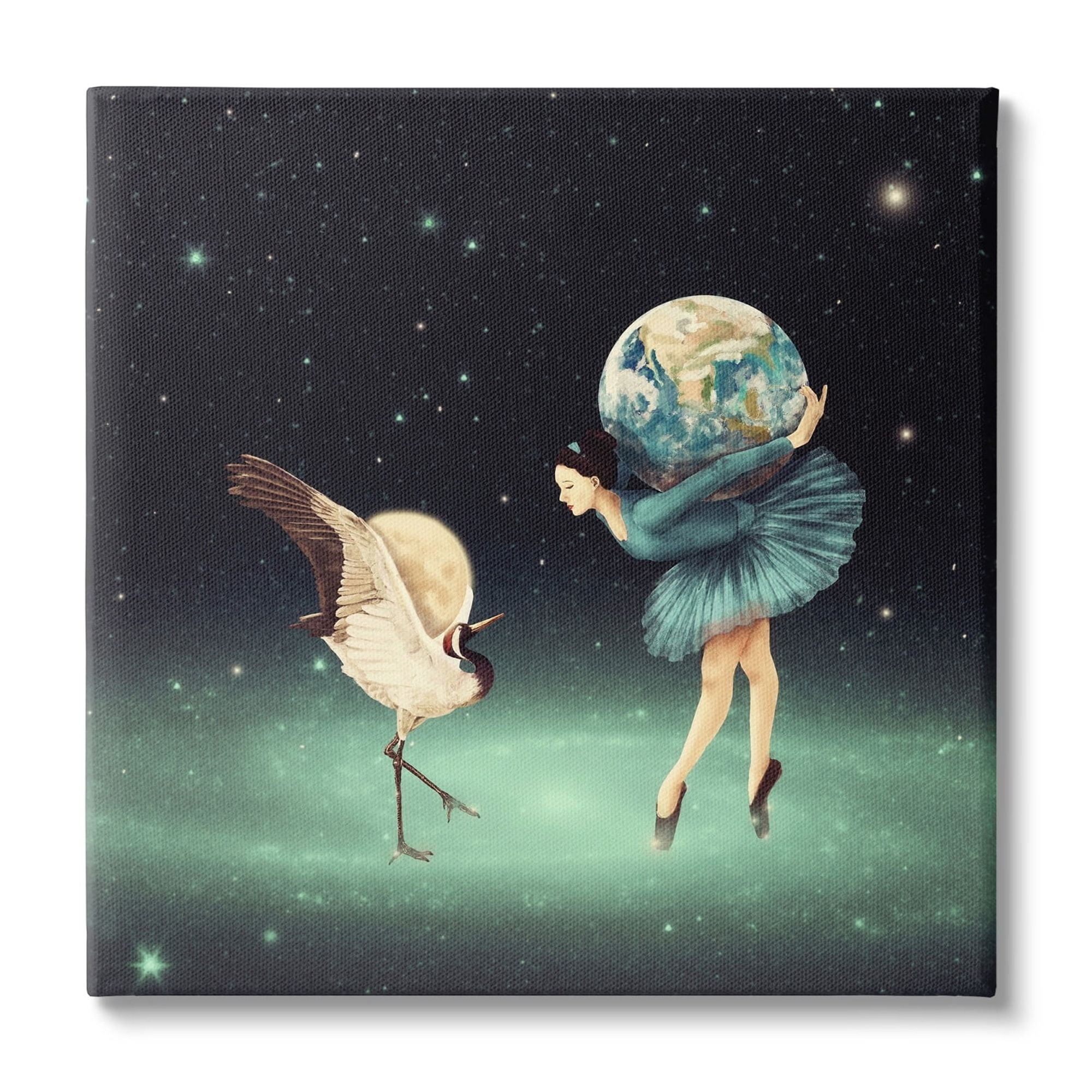 Stupell Industries Crane Bird Ballerina Holding Earth Moon Starry Nebula Canvas Wall Art, 30 x 30, Design by Paula Belle Flores