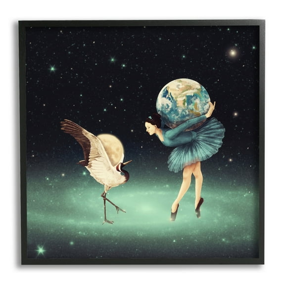 Stupell Industries Crane Bird Ballerina Holding Earth Moon Starry Nebula Framed Wall Art, 24 x 24, Design by Paula Belle Flores