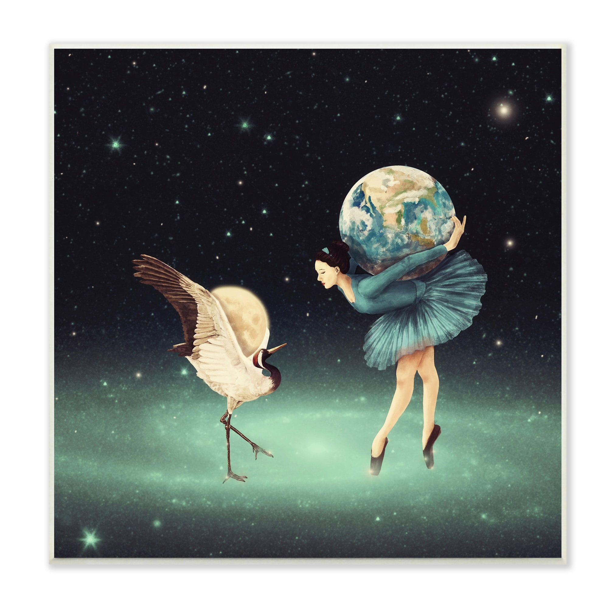 Stupell Industries Crane Bird Ballerina Holding Earth Moon Starry Nebula Wood Wall Art, 12 x 12, Design by Paula Belle Flores