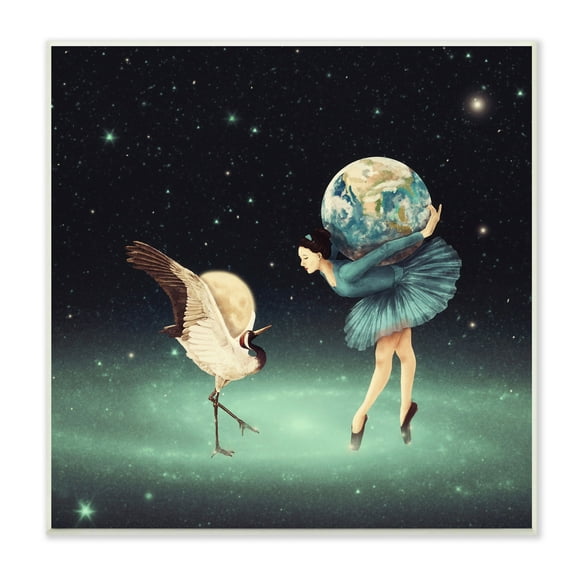 Stupell Industries Crane Bird Ballerina Holding Earth Moon Starry Nebula Wood Wall Art, 12 x 12, Design by Paula Belle Flores
