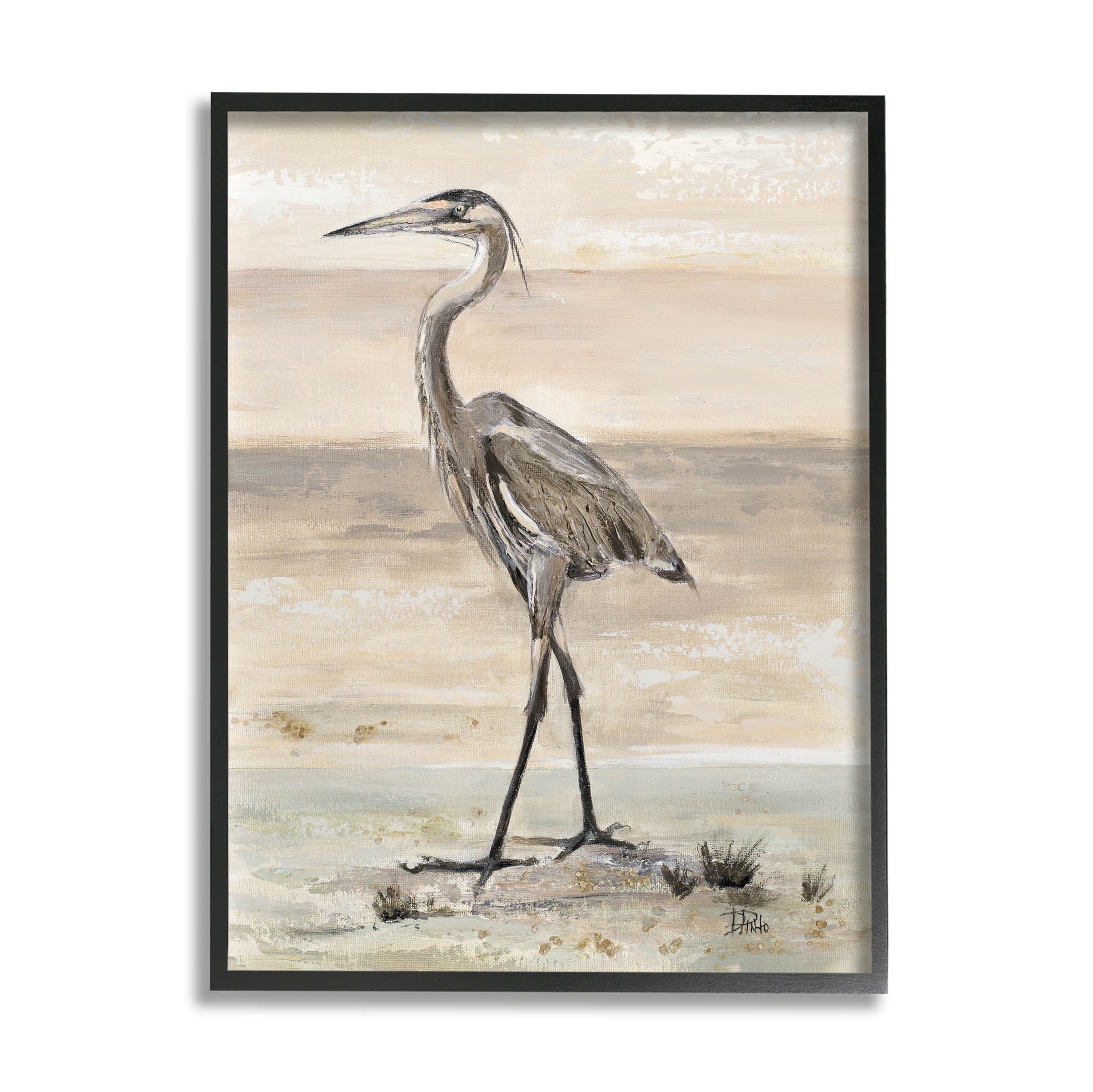 Stupell Industries Crane Bird Beach Shore Painting Black Framed Art Print Wall Art, Design by Patricia Pinto