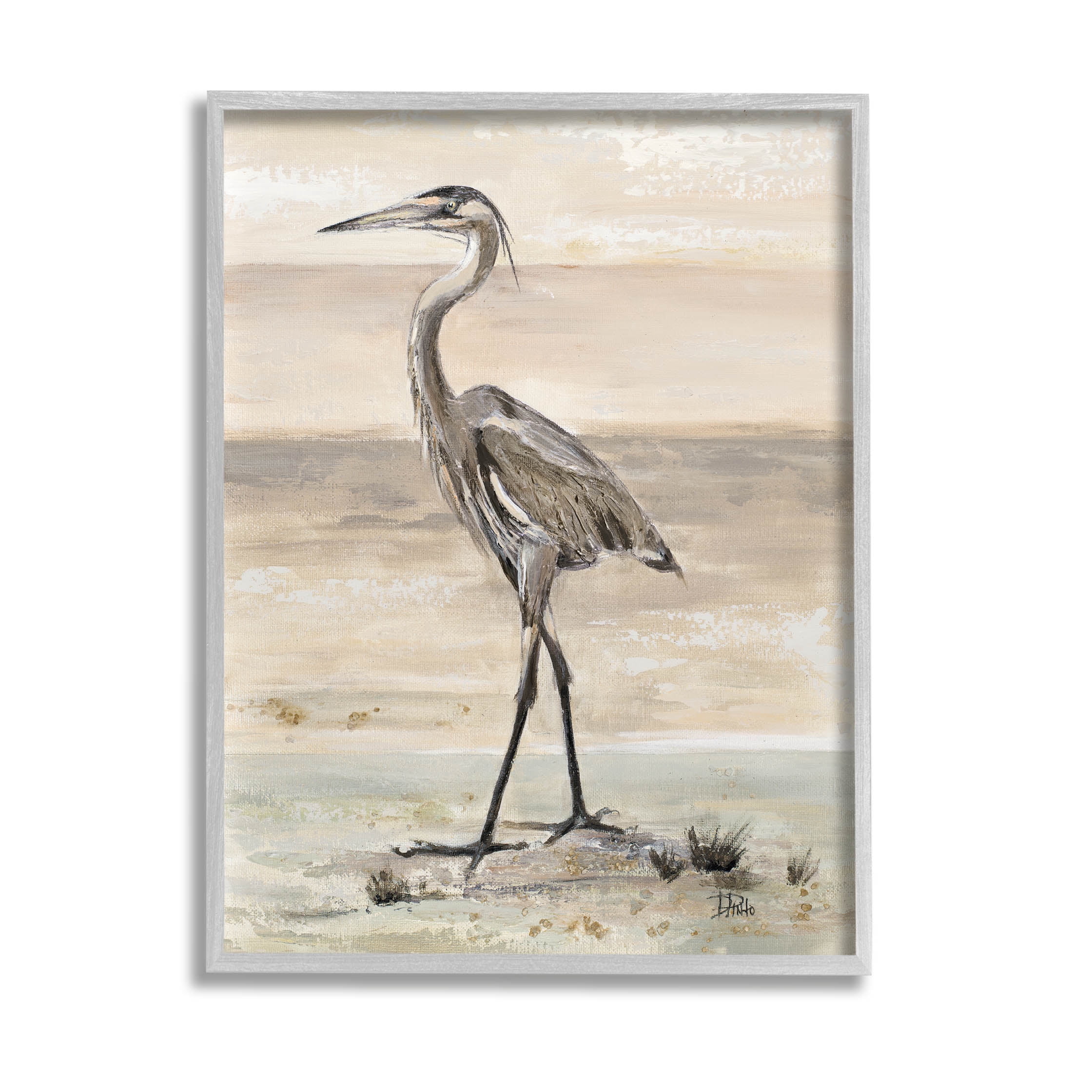 Stupell Industries Crane Bird Beach Shore Painting Gray Framed Art Print Wall Art, Design by Patricia Pinto