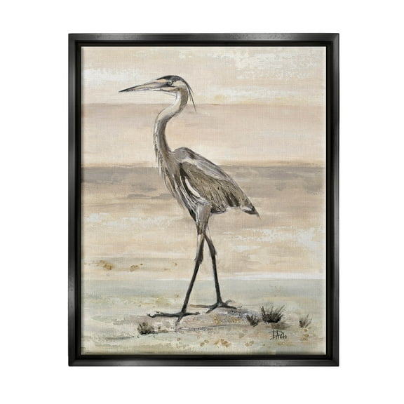 Stupell Industries Crane Bird Beach Shore Painting Jet Black Floating Framed Canvas Print Wall Art, Design by Patricia Pinto